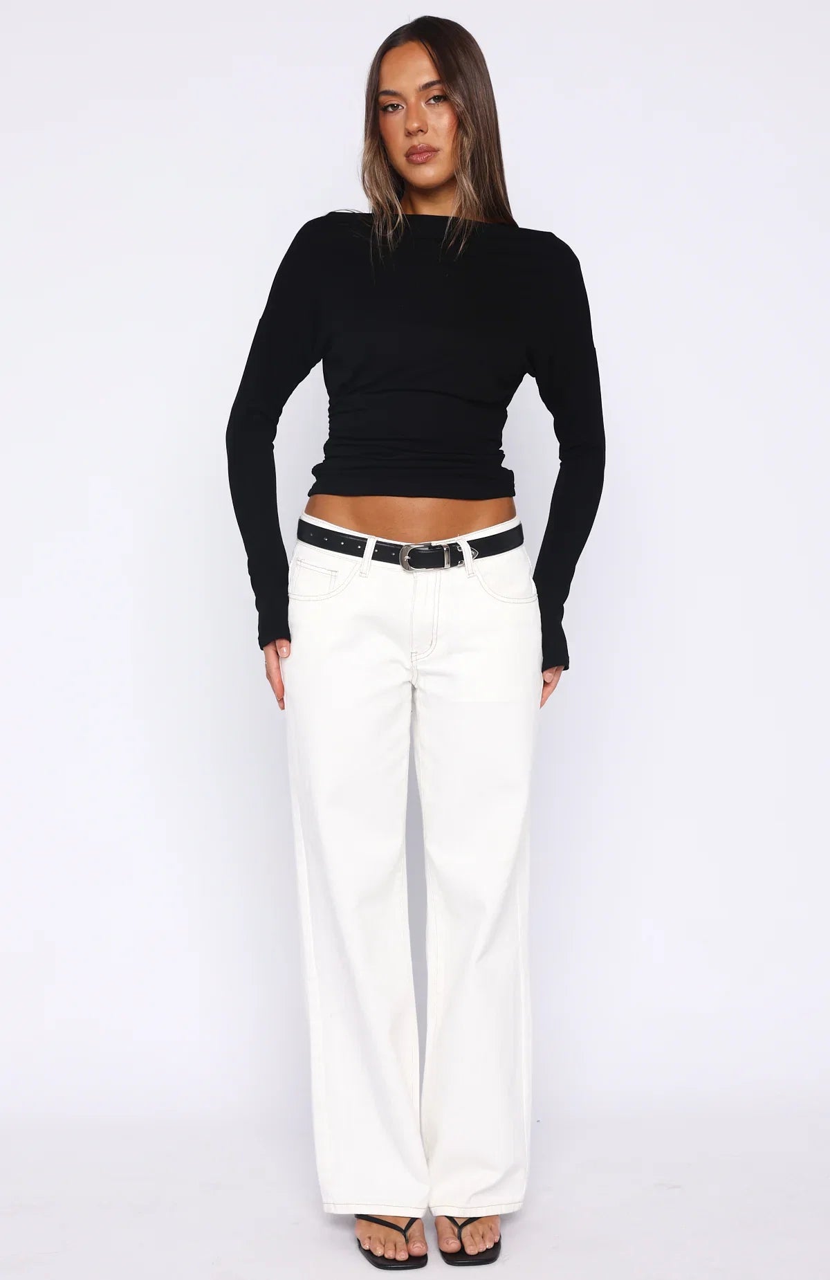 Another Time Cinched Waist Long Sleeve Top Black