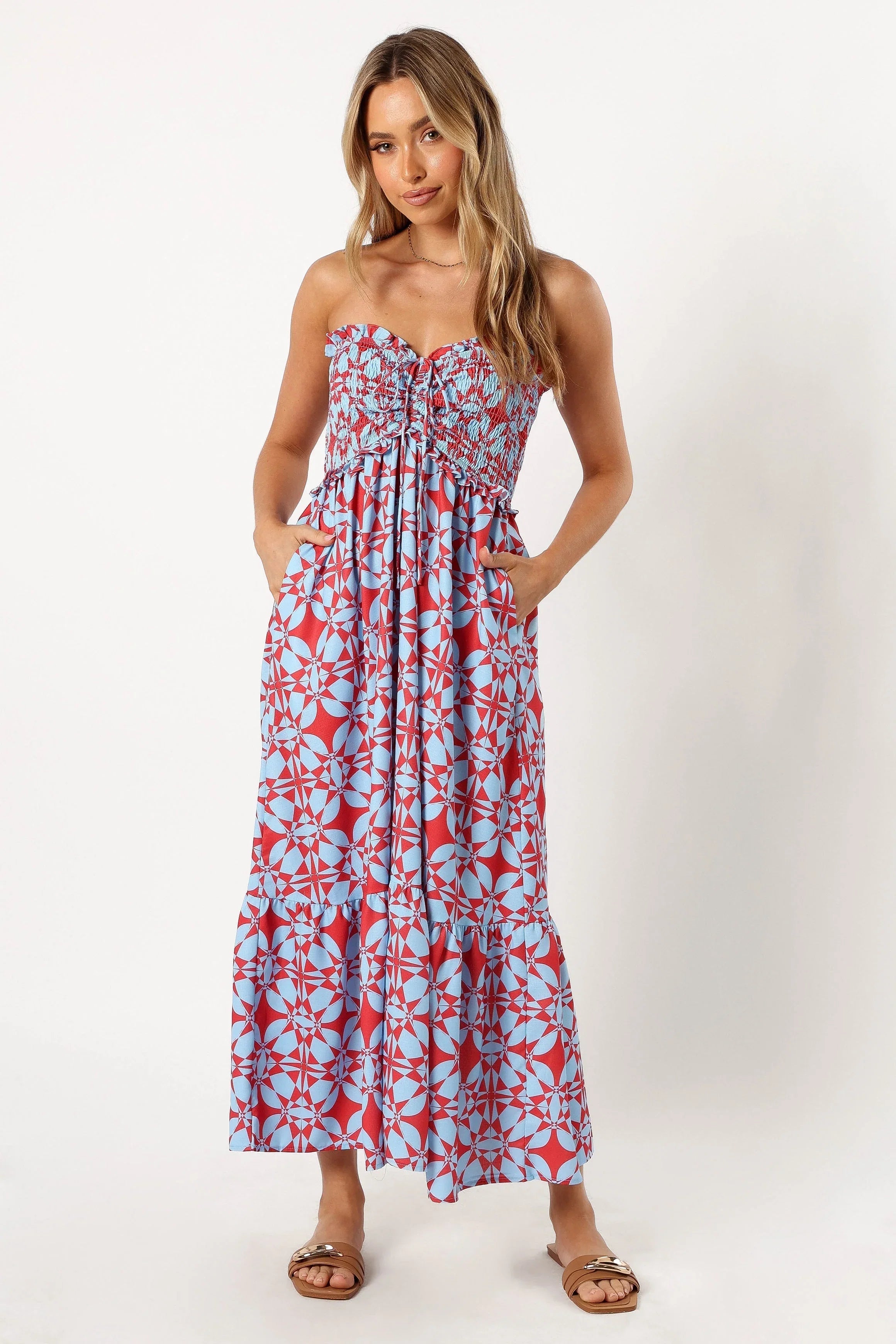 Dayton Strapless Midi Dress Red Blue