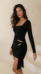 Aloria Square Neck Draped Mini Dress Black