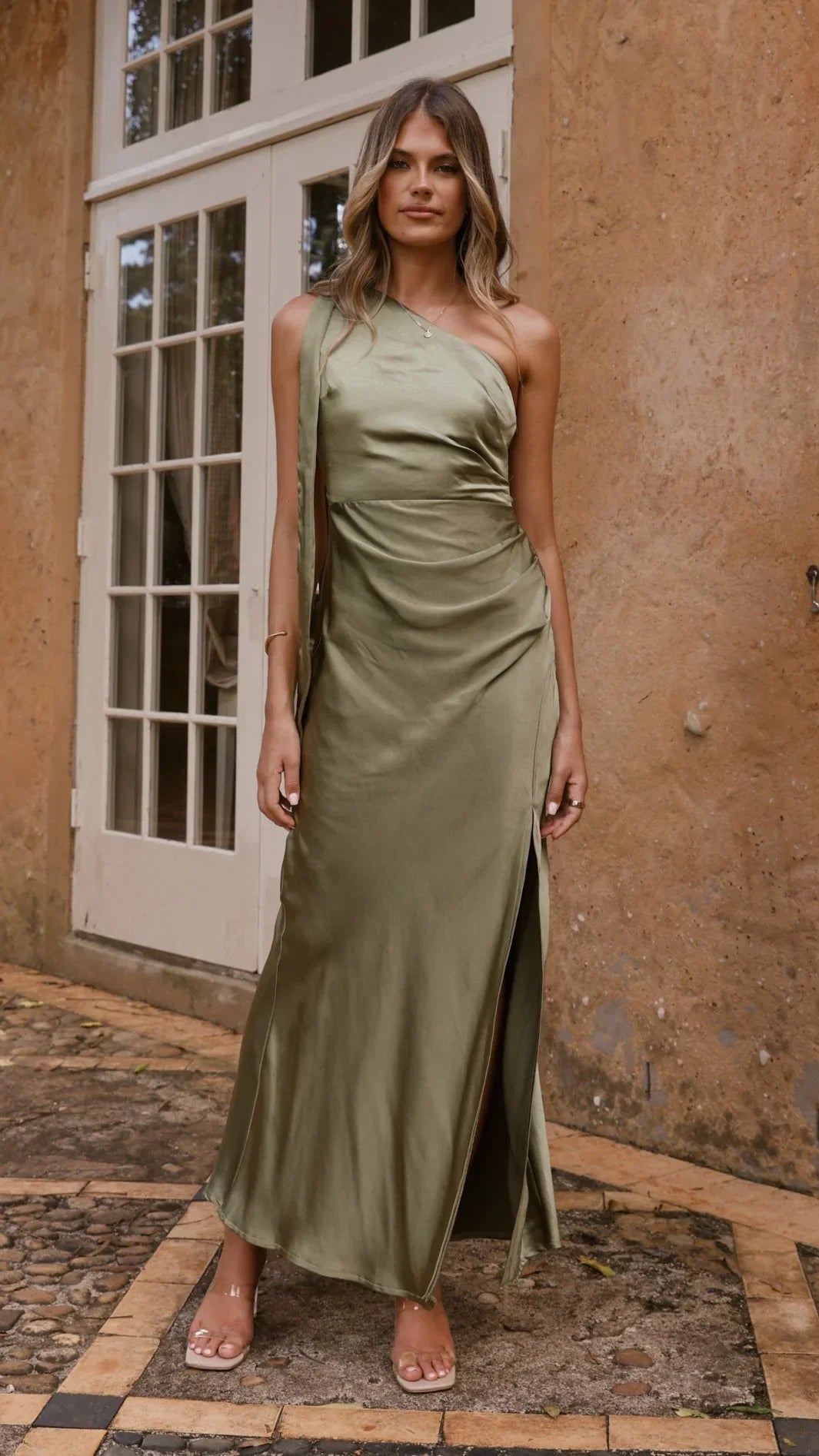Halle One Shoulder Maxi Dress Olive