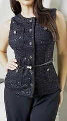Ardelle Belted Sequin Tweed Top Black