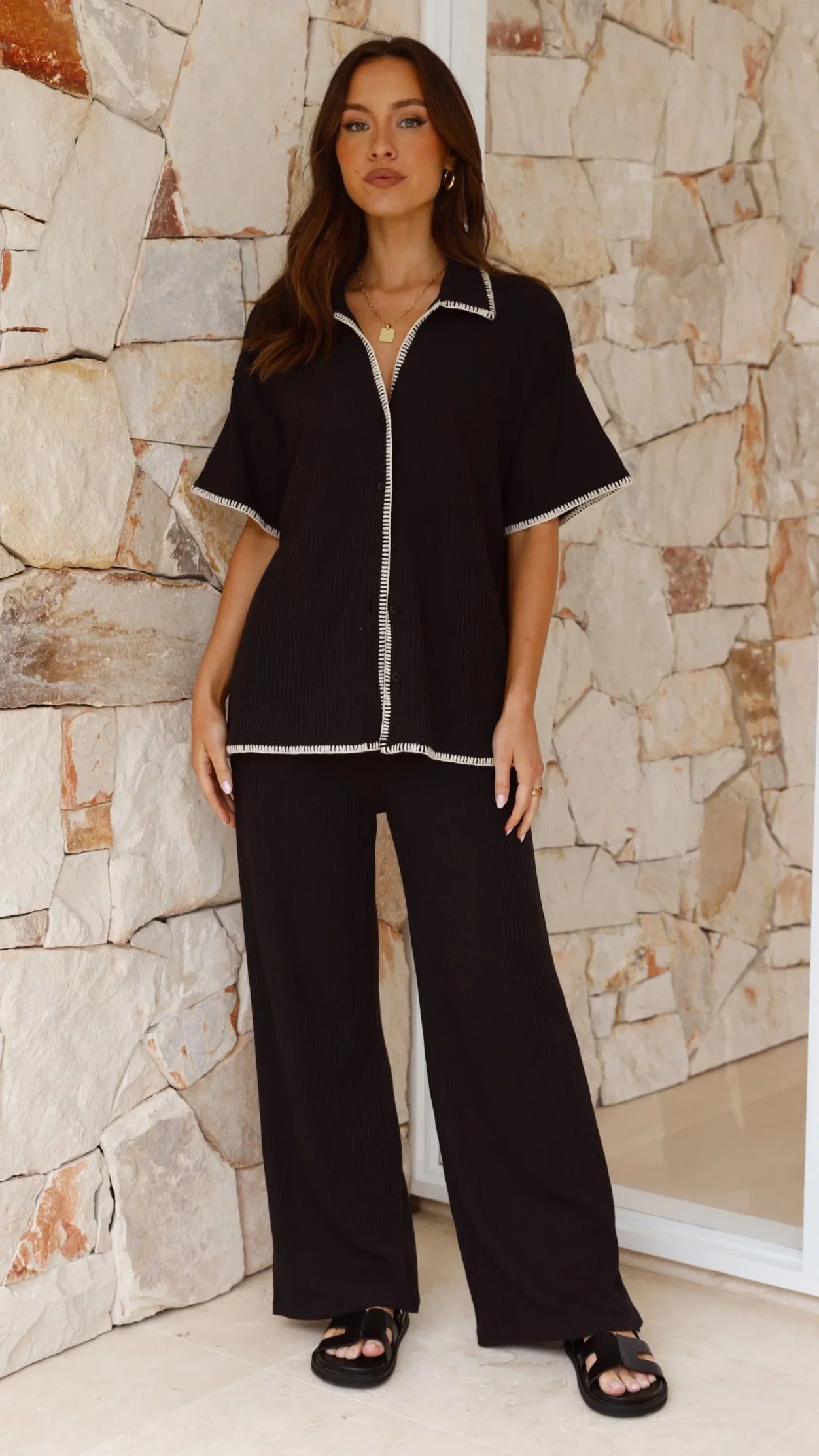 Madian Button Up Shirt and Pants Set Black