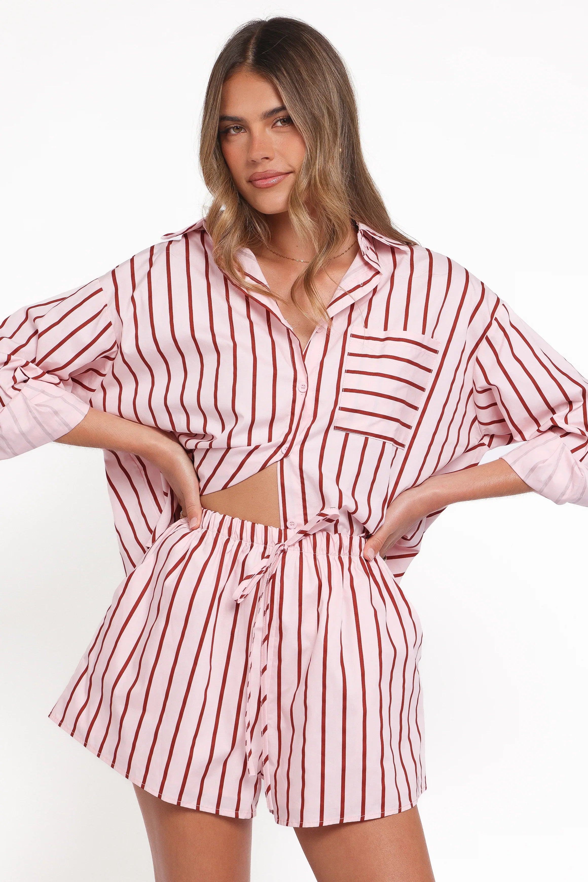 Ashlyn Short Set Pink And Burgundy Stripe