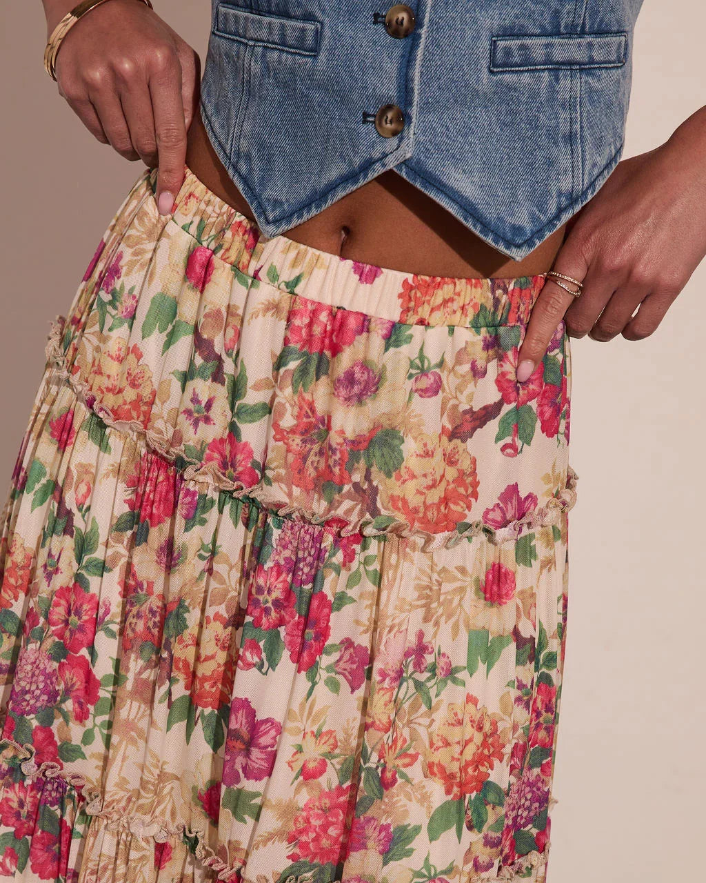Honey Daze Tiered Floral Mesh Maxi Skirt