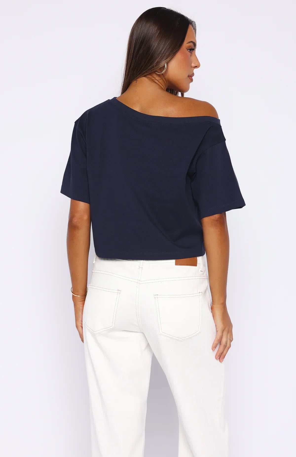 Ive Got That Feeling Boxy Off Shoulder Tee Navy