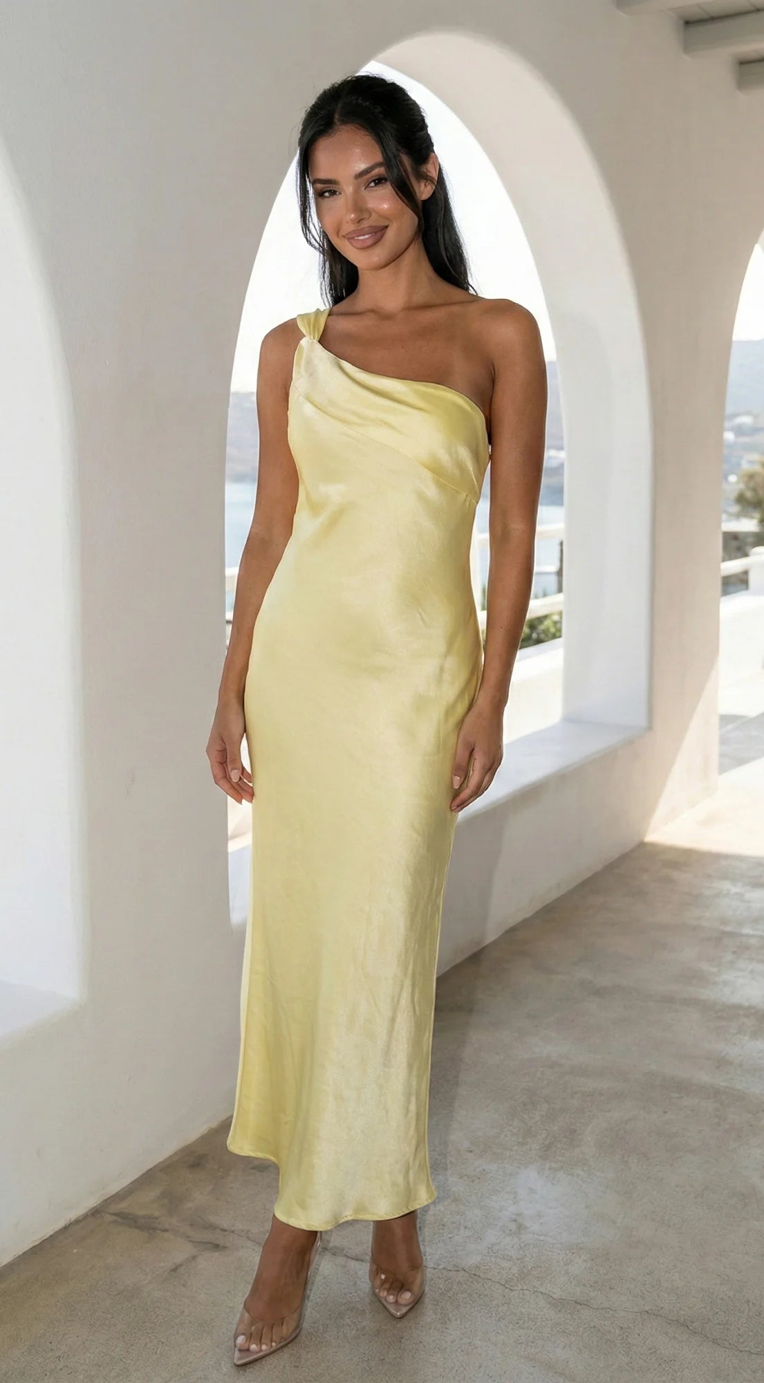 Valencia One Shoulder Satin Maxi Dress Butter Yellow