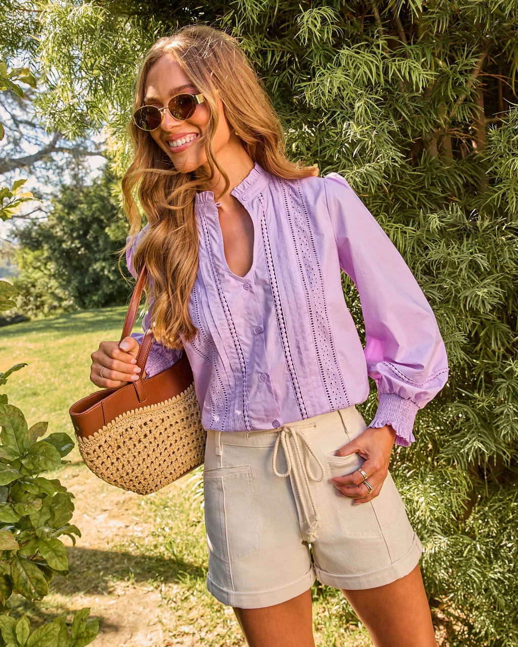 Lahela Pleated Cotton Eyelet Button Down Top