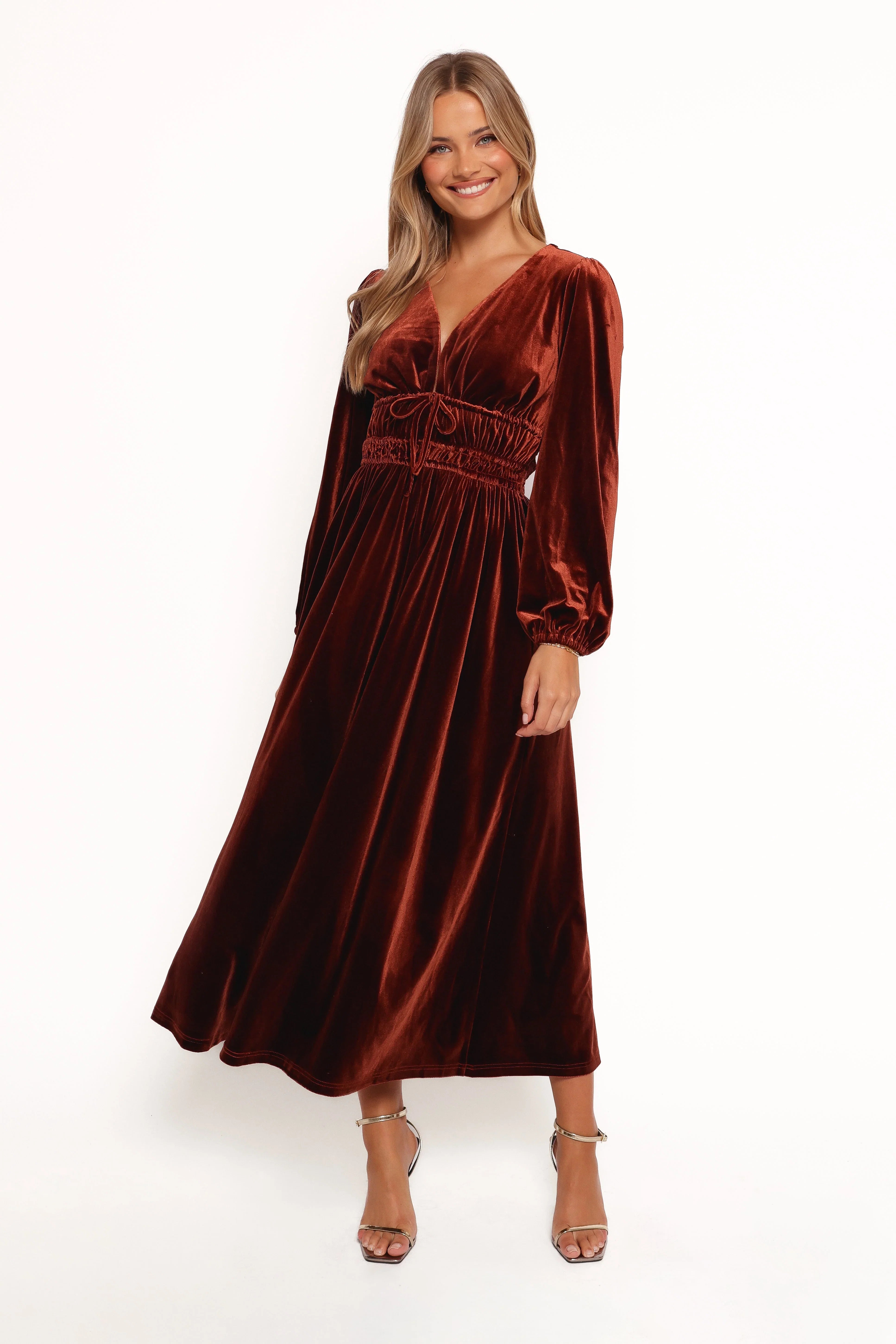 Cece Velvet Long Sleeve Maxi Dress Rust