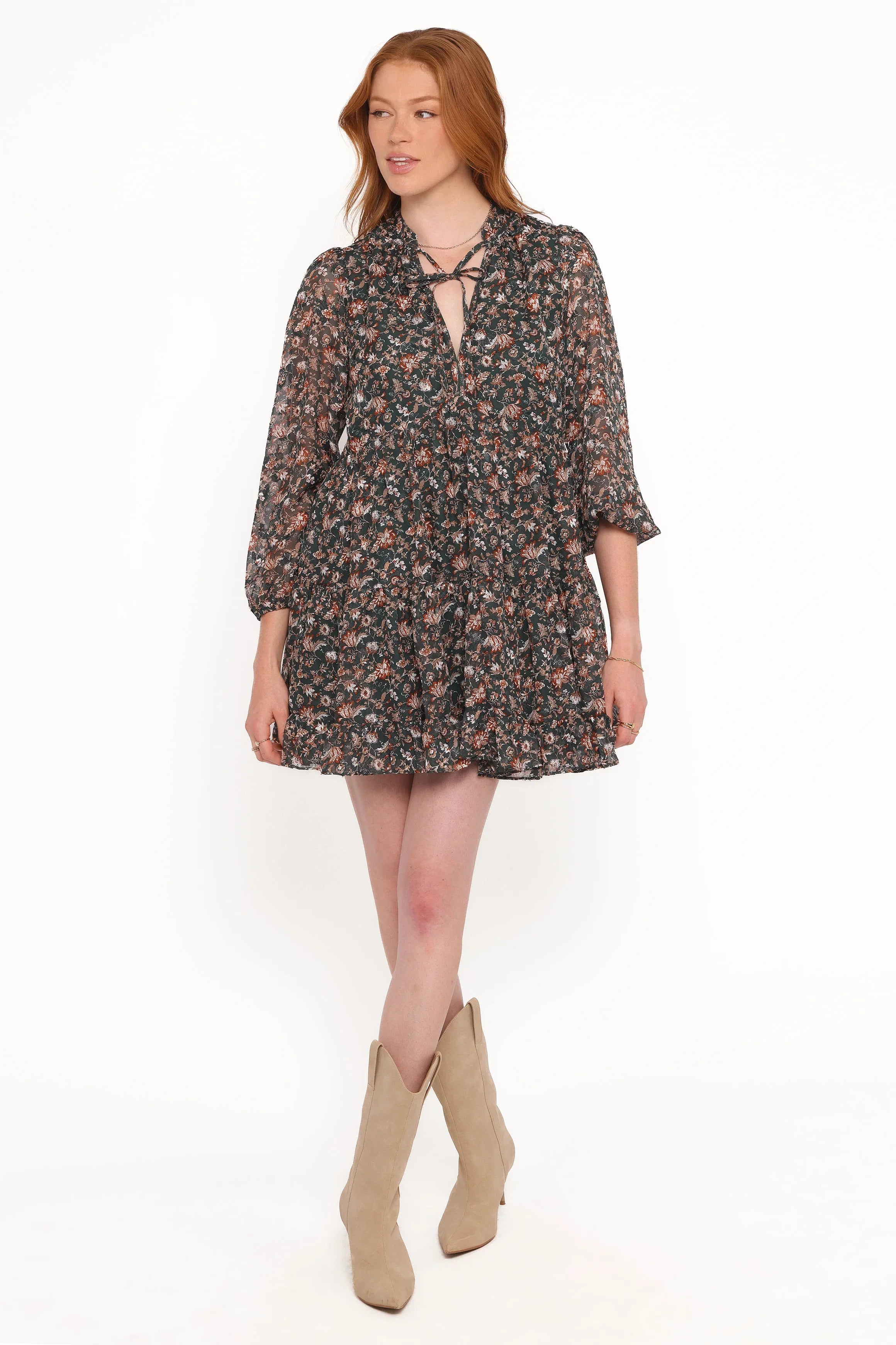 Jinny Long Sleeve Mini Dress Dark Green Multi