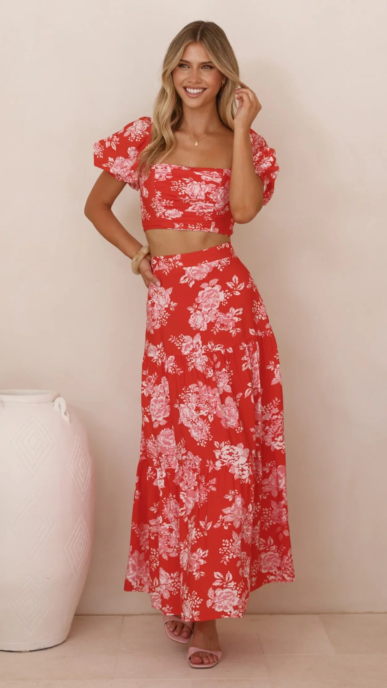 Calla Top and Maxi Skirt Set Red Floral