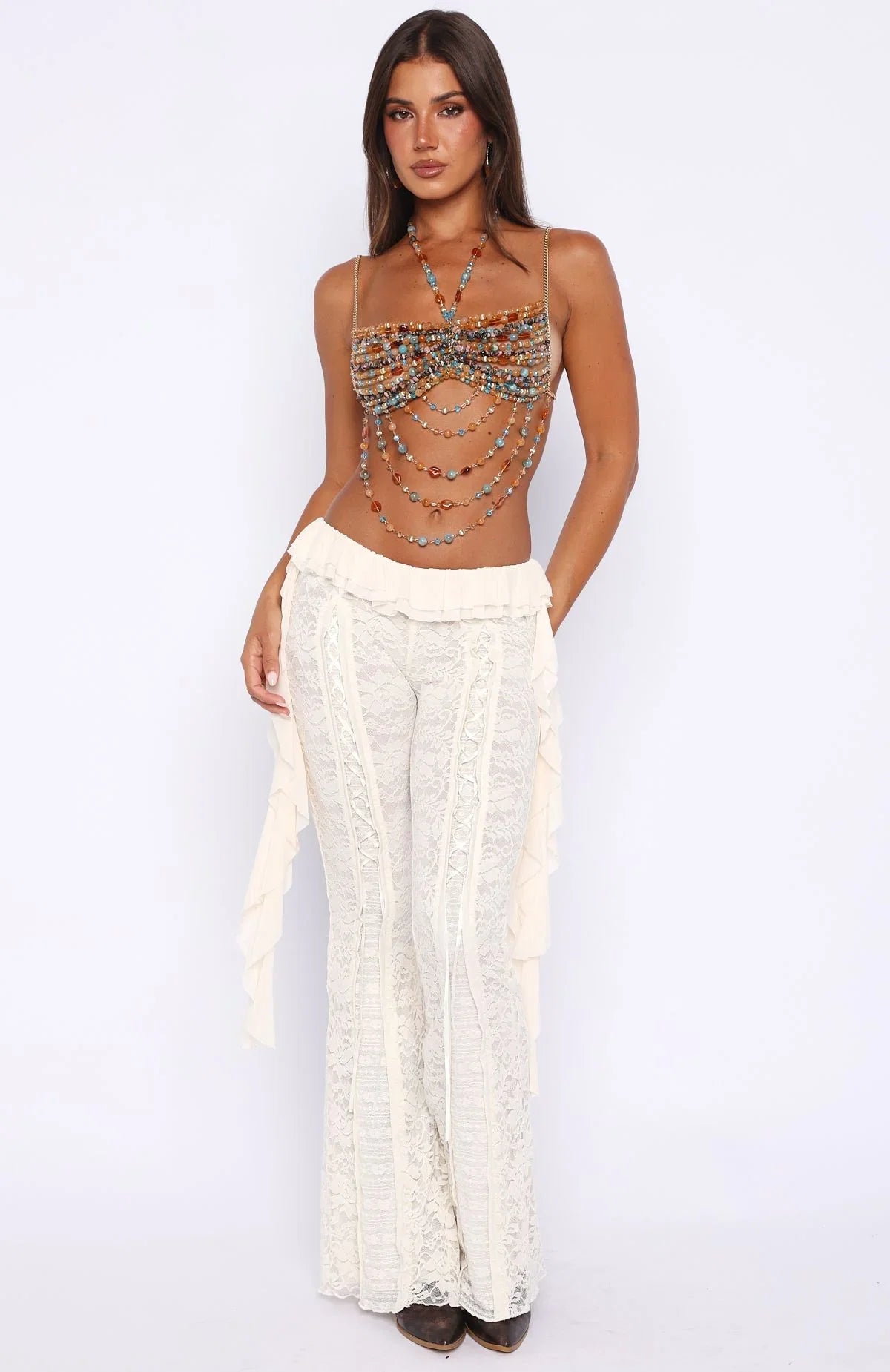 Own The Night Beaded Top Burnt Orange