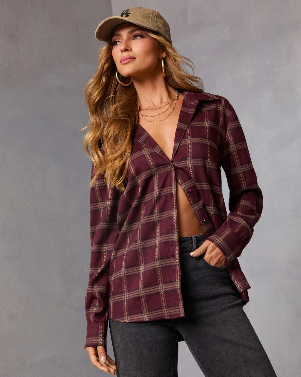 Muted Ember Plaid Button Down Top