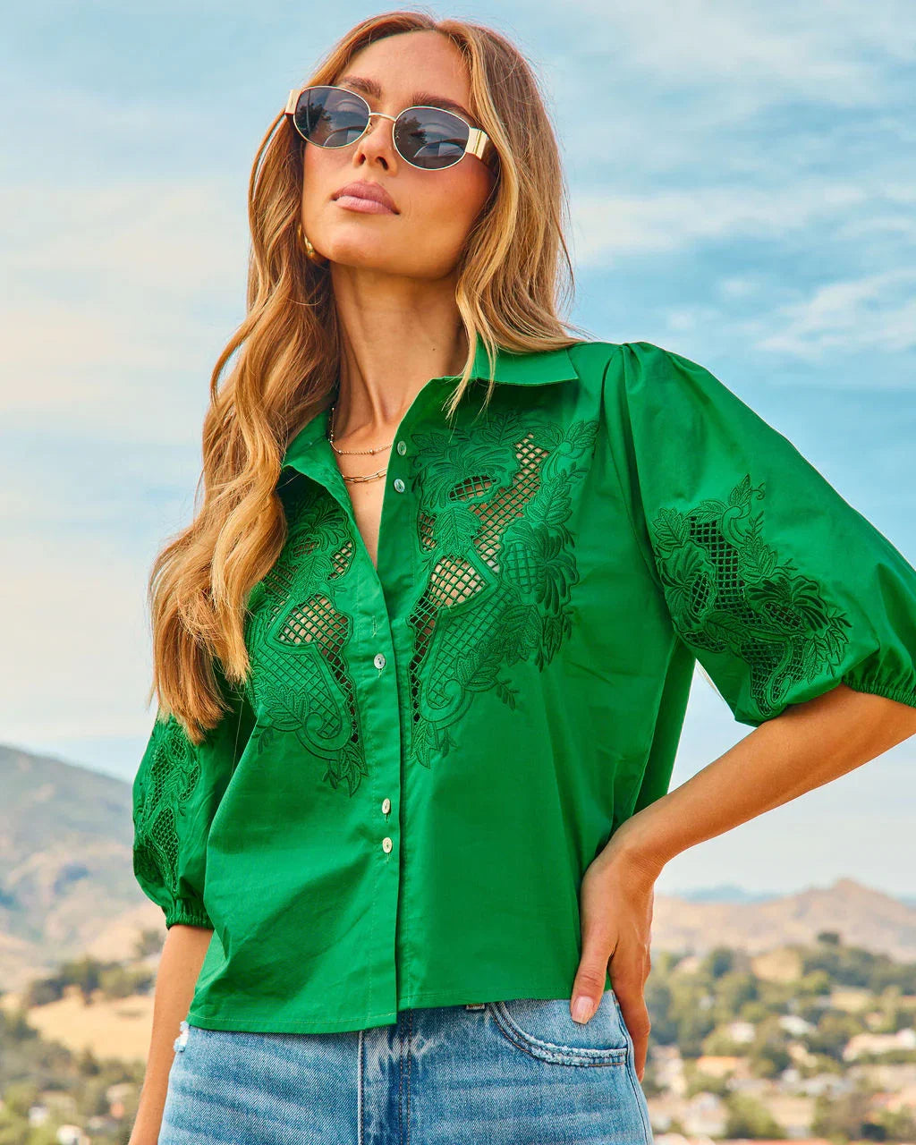 Hot Coast Open Crochet Button Down Top