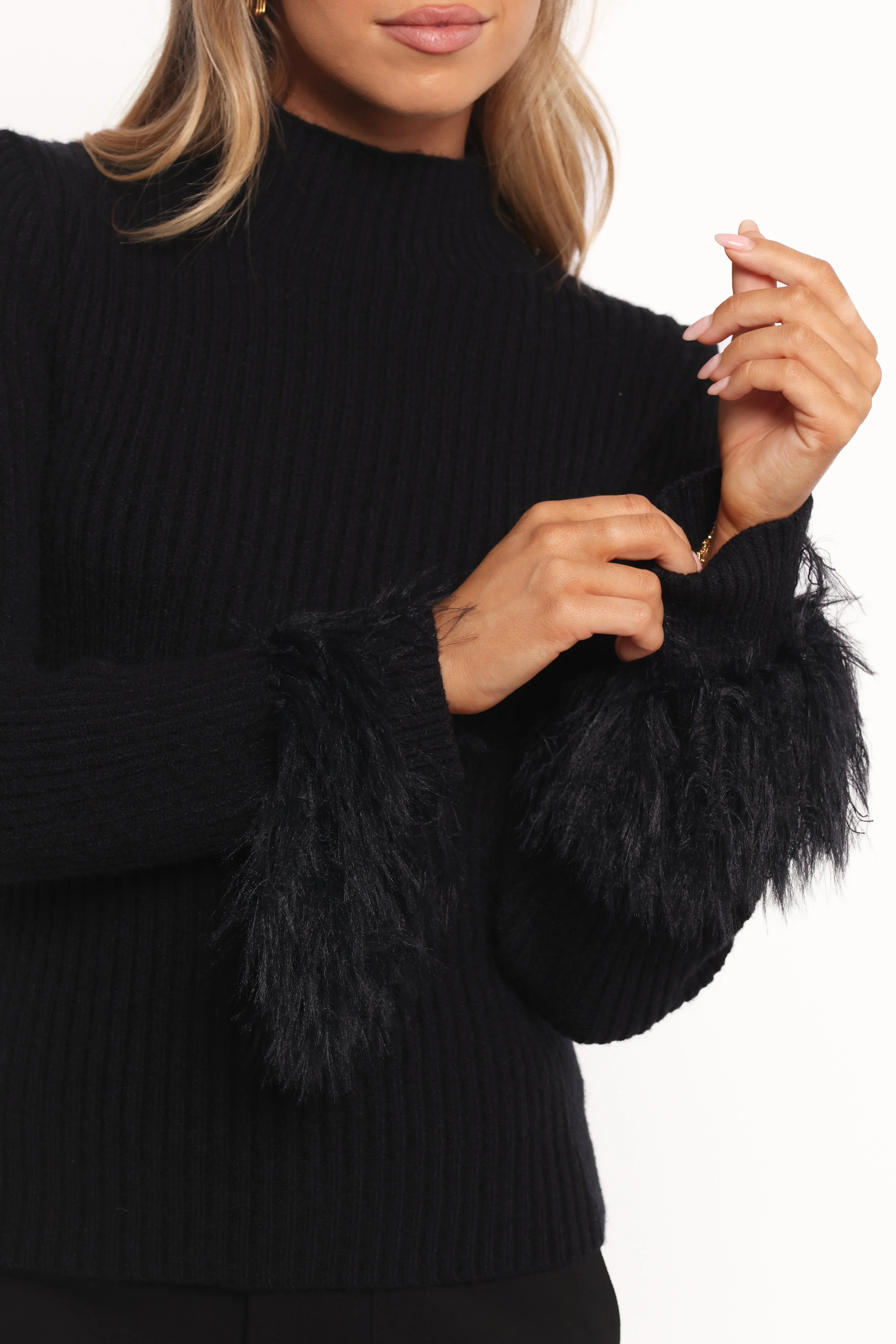 Fame Crewneck Feather Sleeve Knit Sweater Black