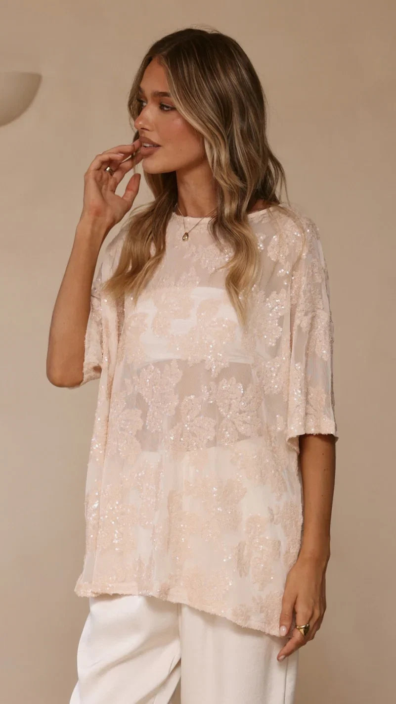 Arlo Oversized Sequin Top Beige Floral