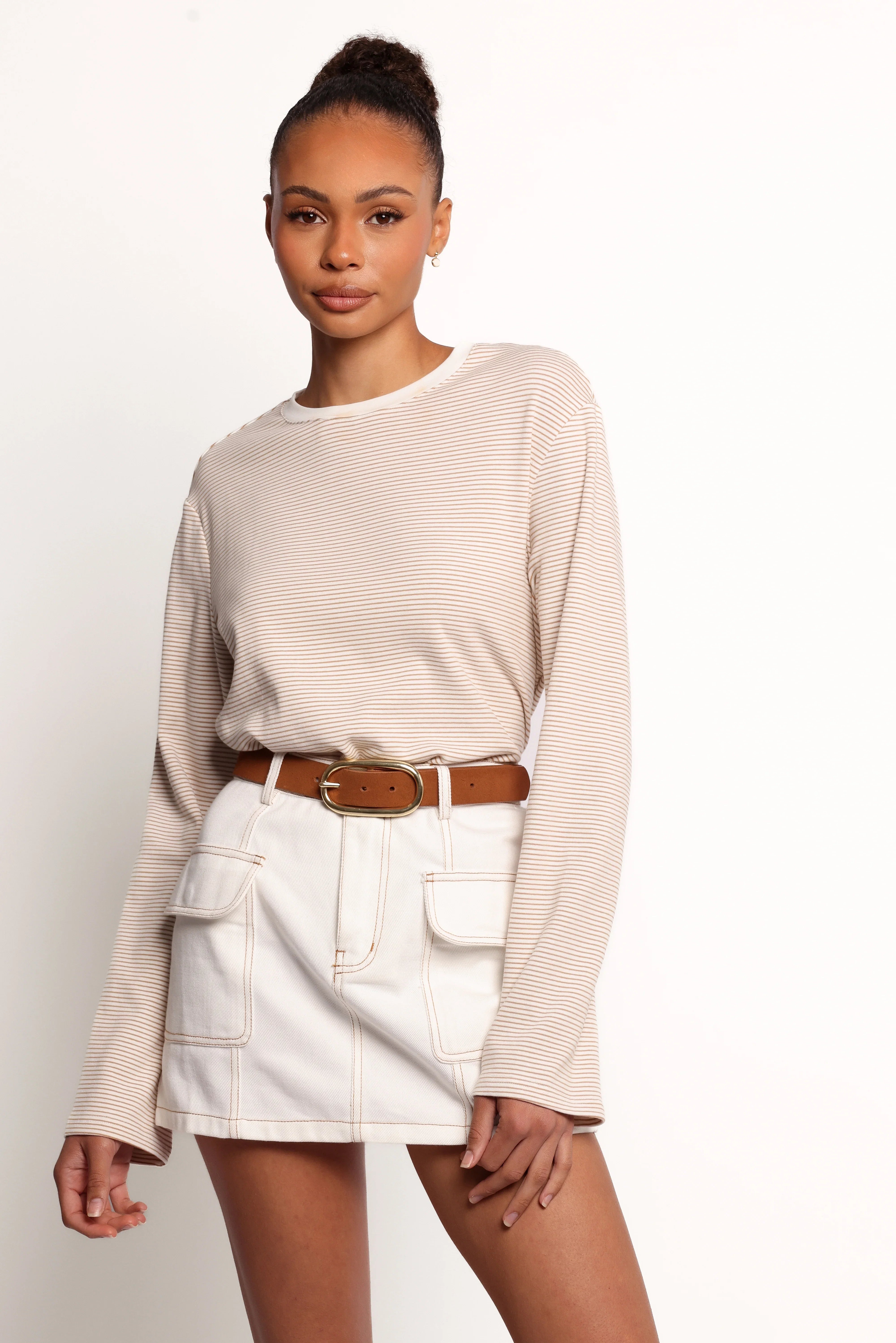 Ruva Long Sleeve Tee Beige White Stripe