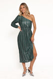 Pontee One Shoulder Pleated Midi Dress Green