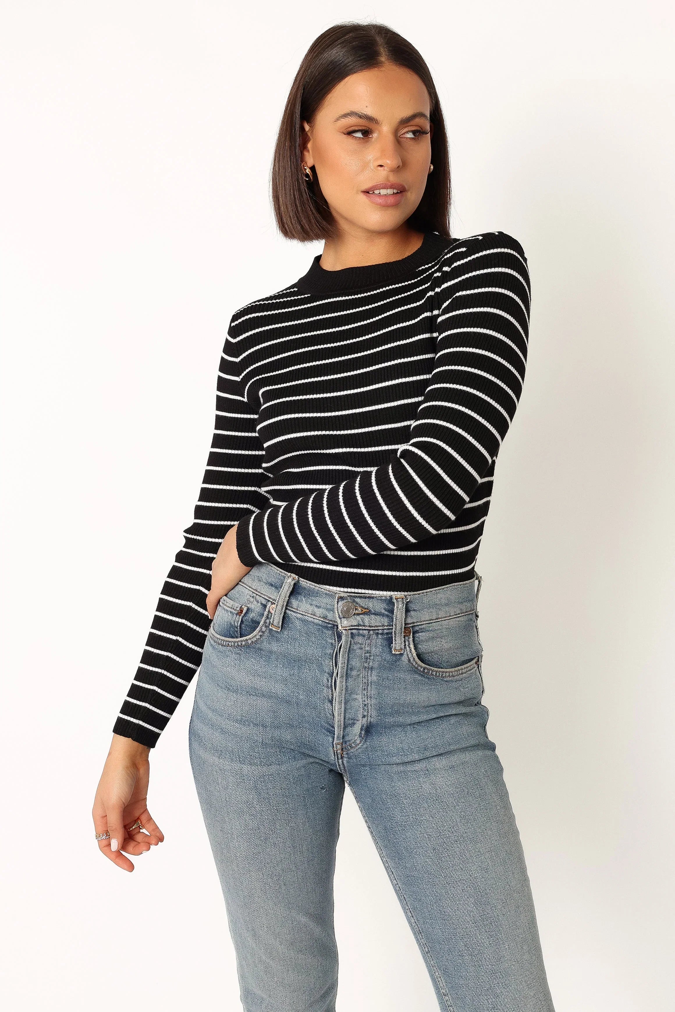 Stacie Ribbed Knit Top Black Stripe