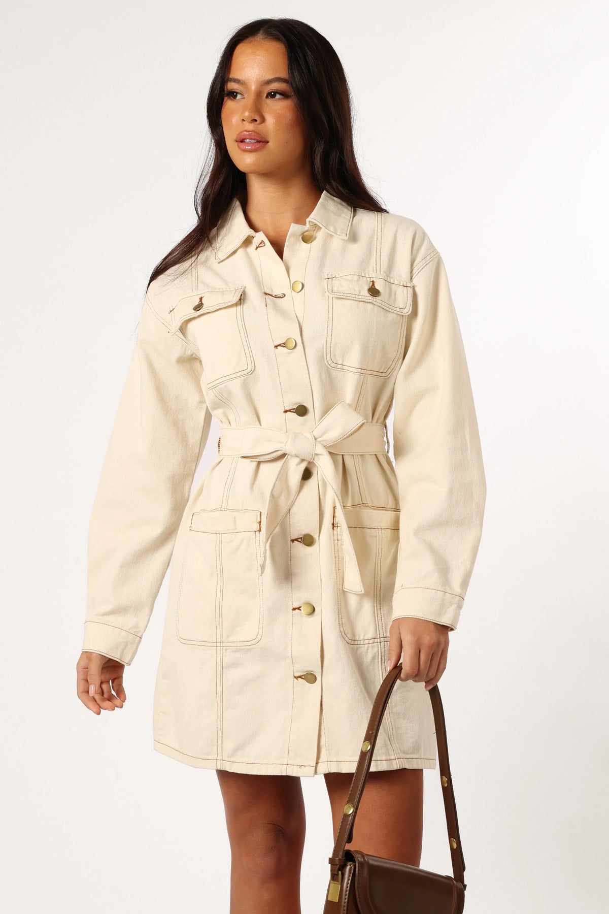 Otto Long Sleeve Mini Denim Dress Sand