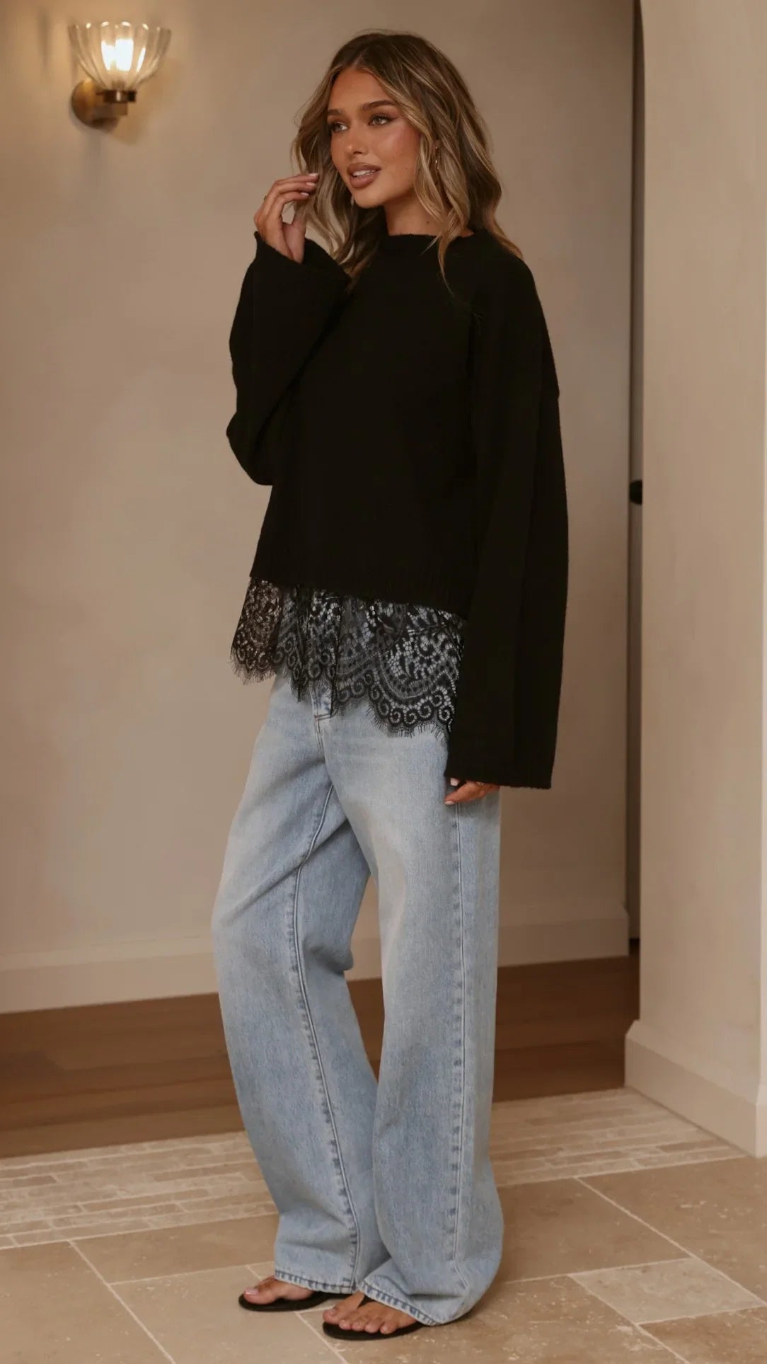 Kylan Lace Trim Sweater Black