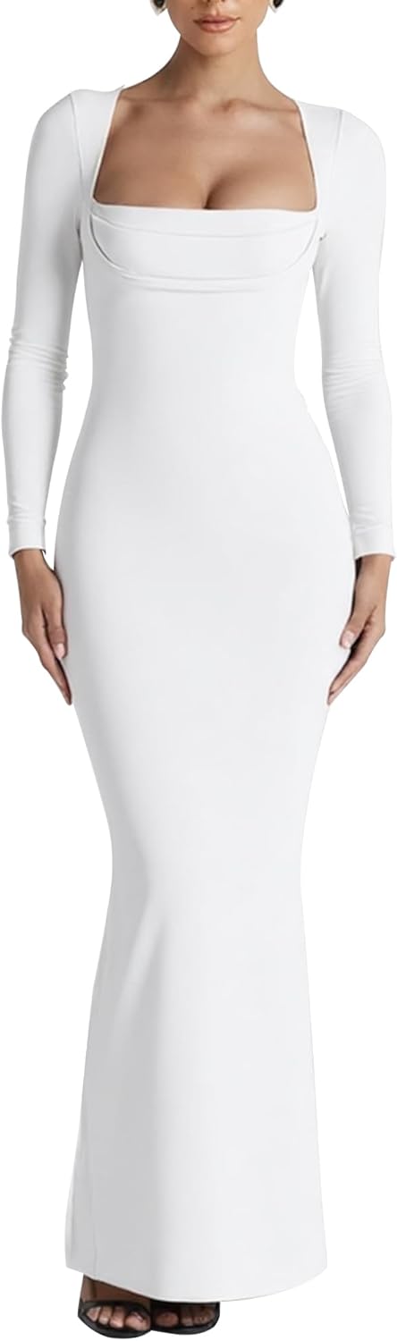 Long Sleeve Square Neck Bodycon Maxi Dress