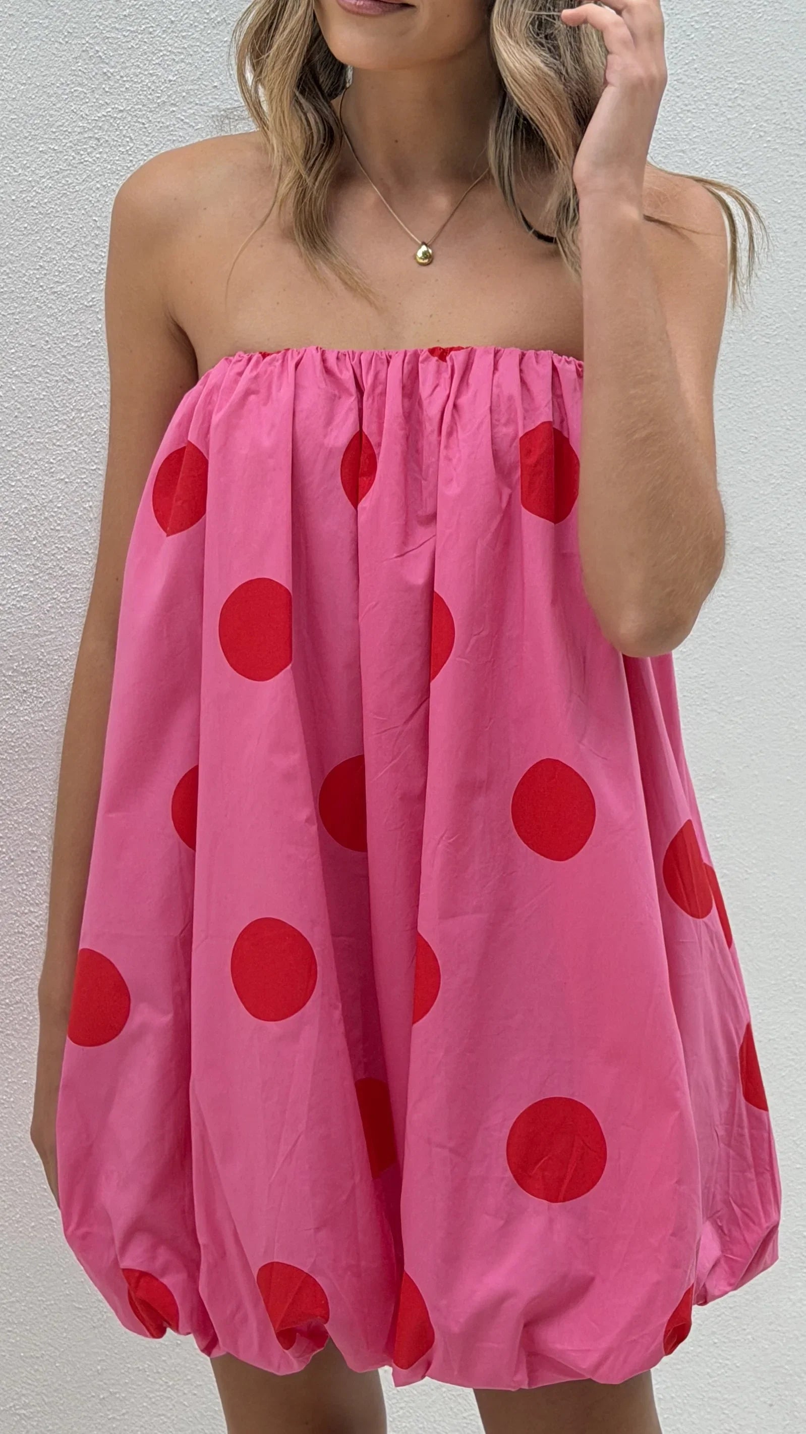 Everly Strapless Mini Dress Pink Red Polka