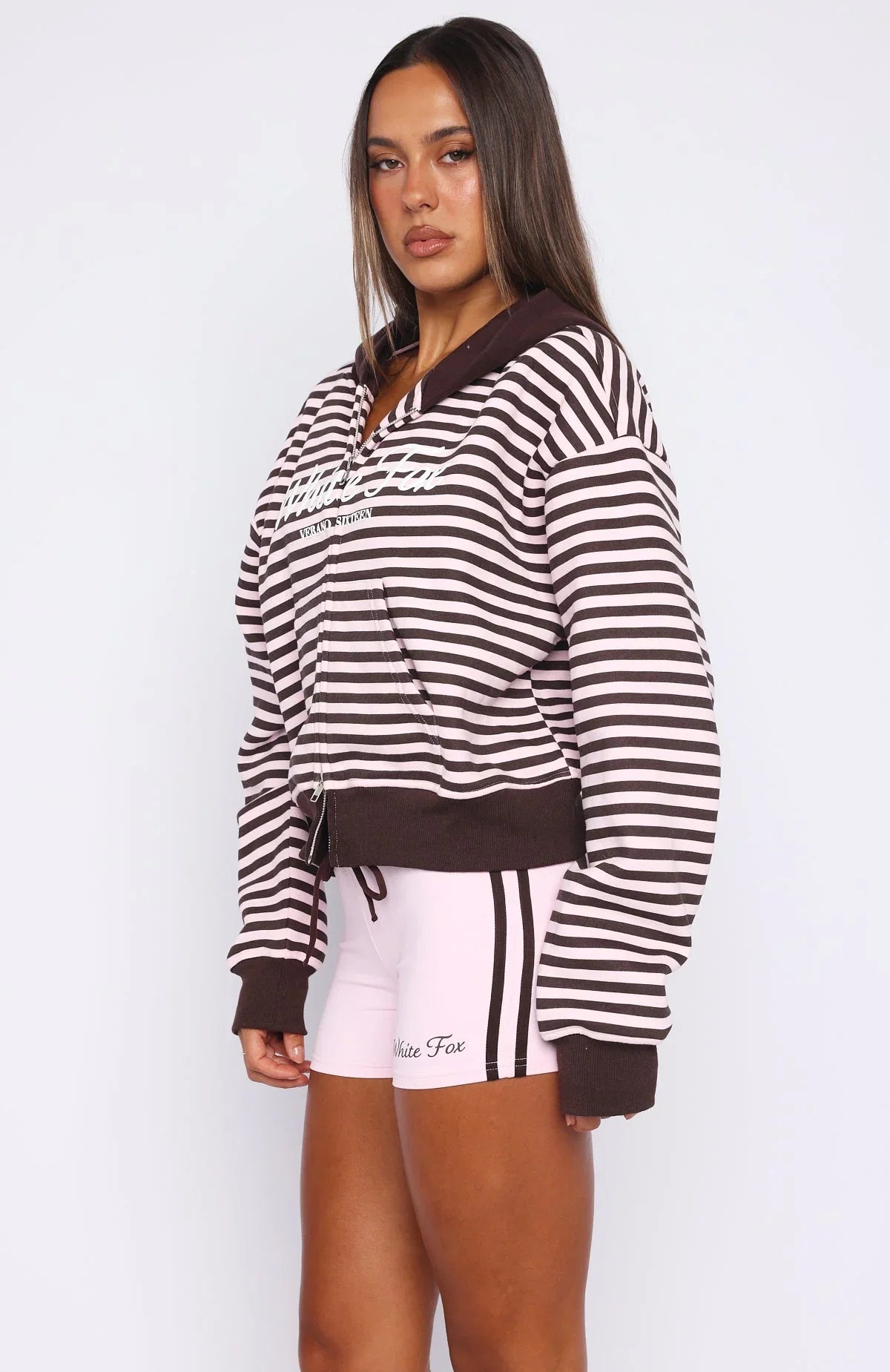 Verano Sixteen Maria Boxy Zip Front Hoodie Pink Choc Stripe