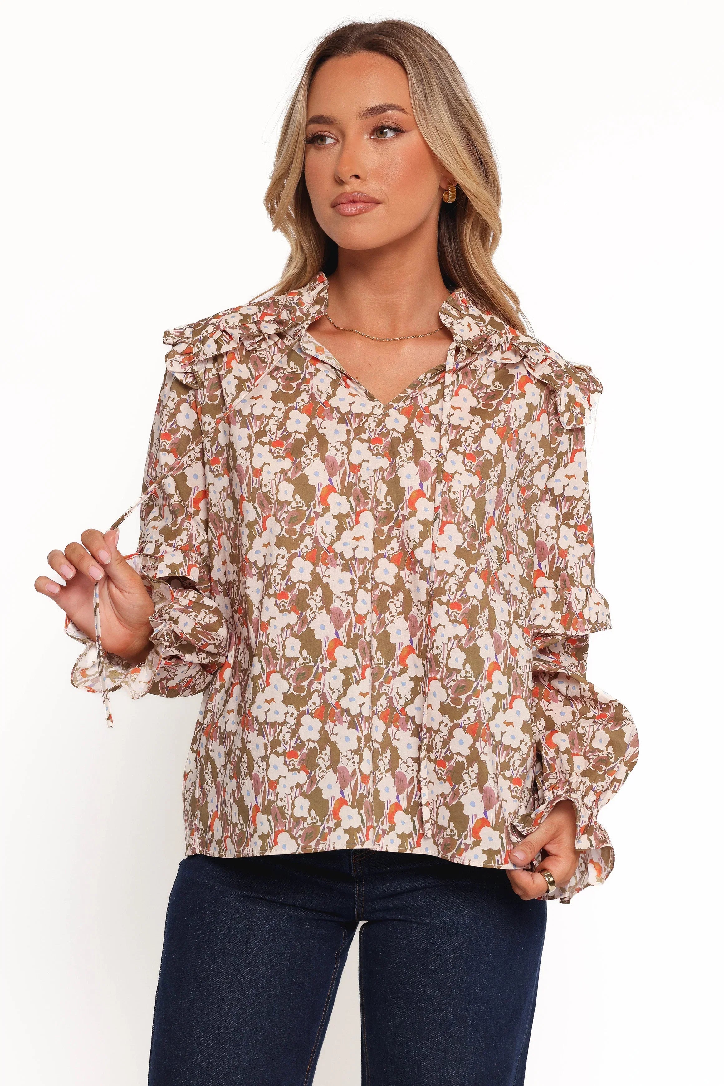 Selmah Long Sleeve Top Cream Olive Orange