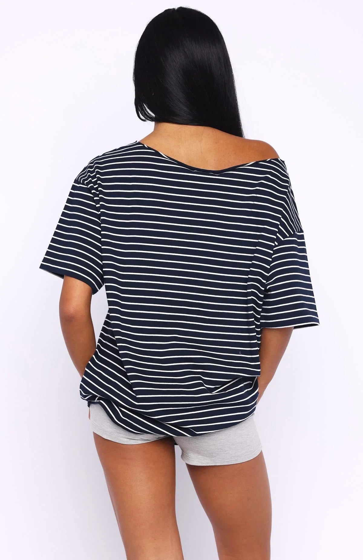 Give Me Options Off Shoulder Tee Navy White Stripe