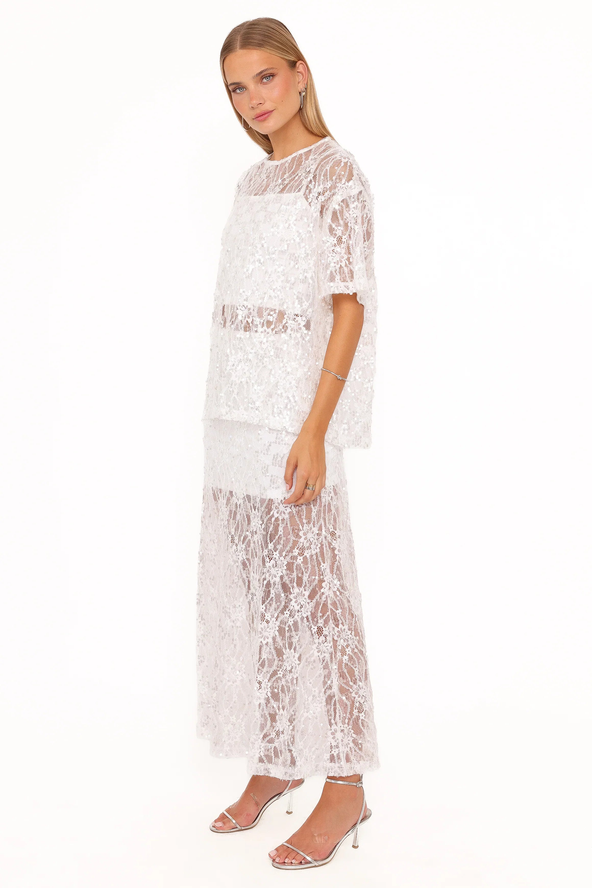 Yonder Sheer Panel Lace Maxi Skirt White