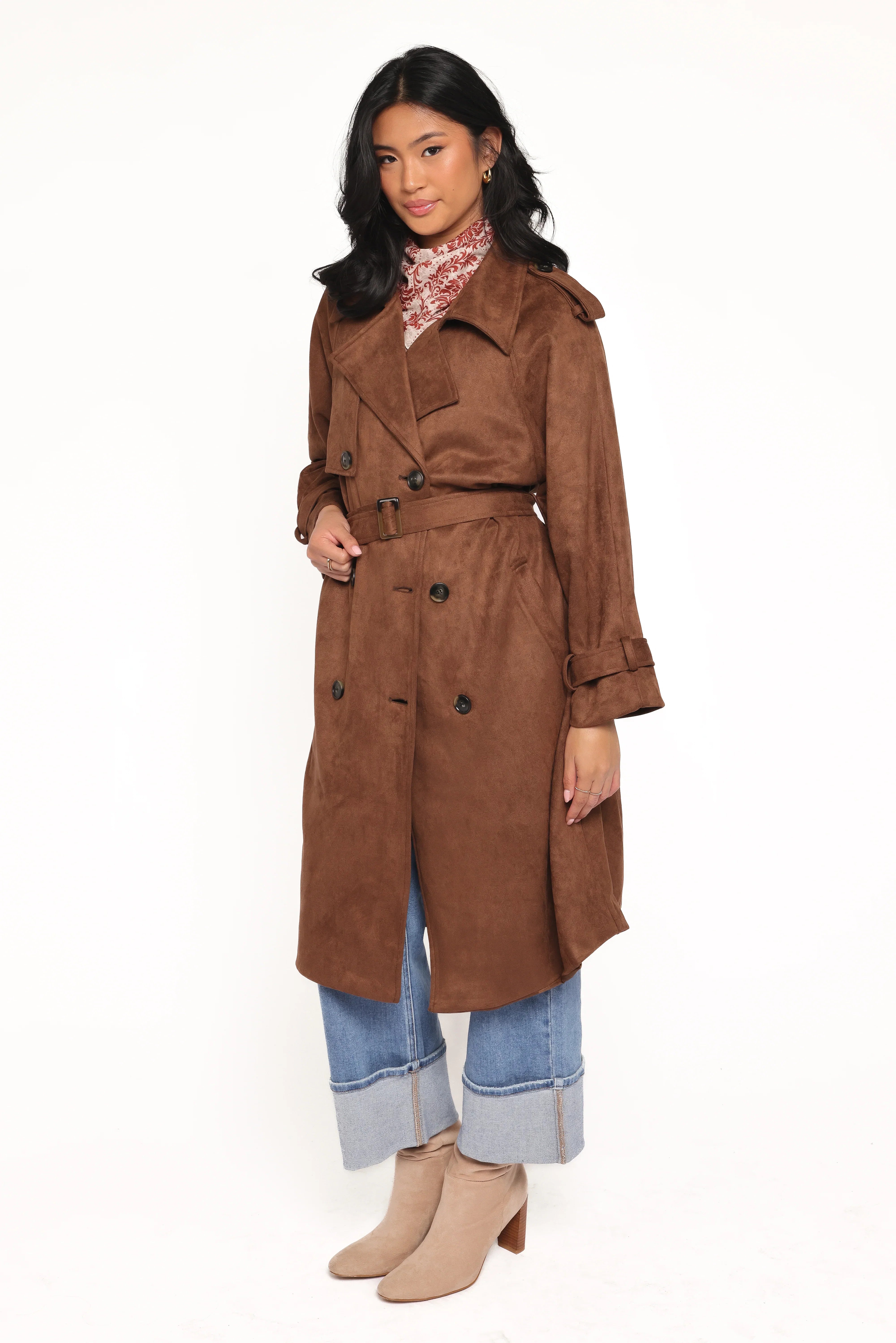 Micha Faux Suede Trench Coat Brown