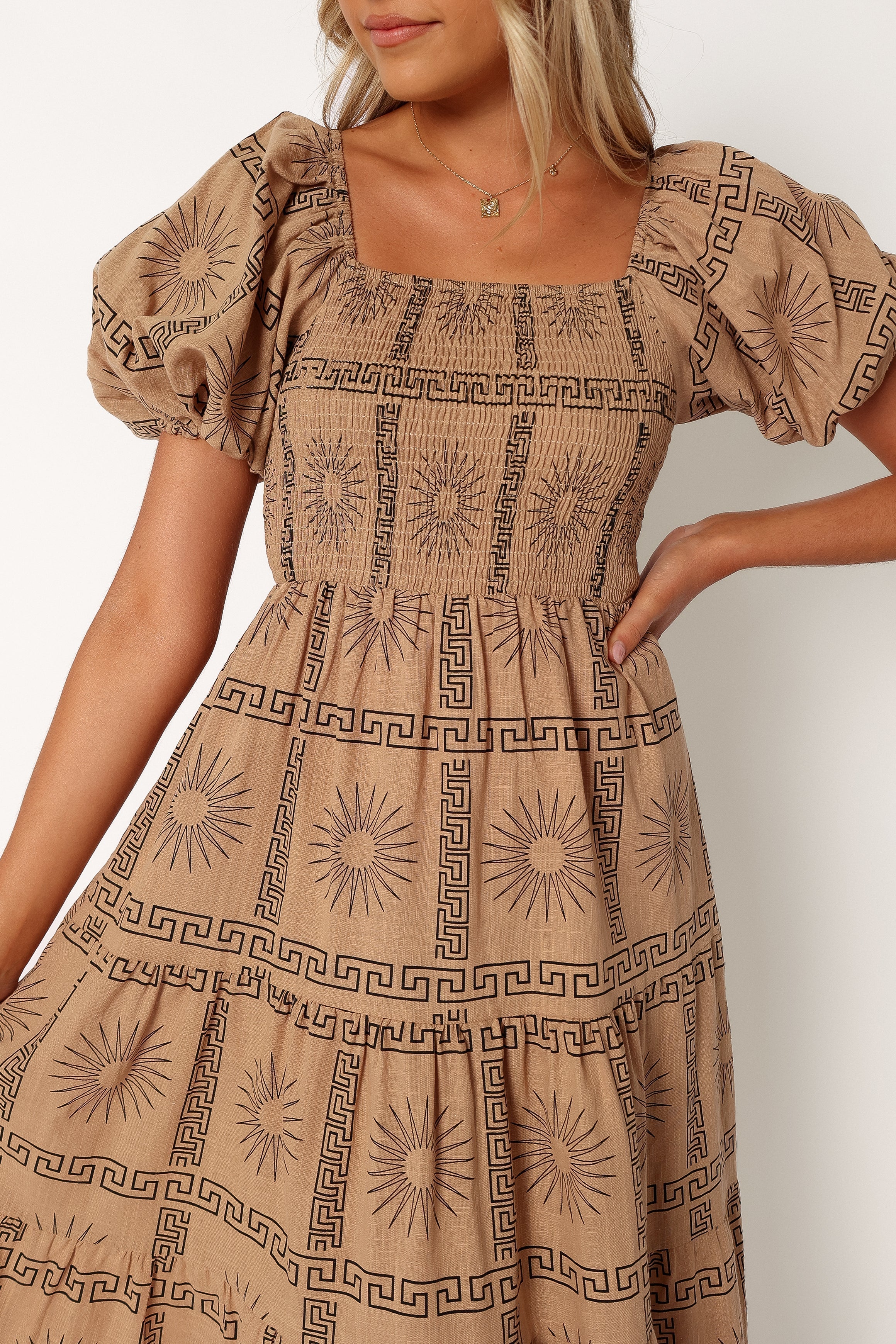 Soliel Puff Sleeve Midi Dress Tan Black