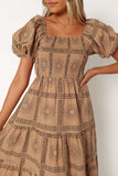 Soliel Puff Sleeve Midi Dress Tan Black
