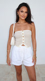 Riviera Stripe Button Tube Top Beige