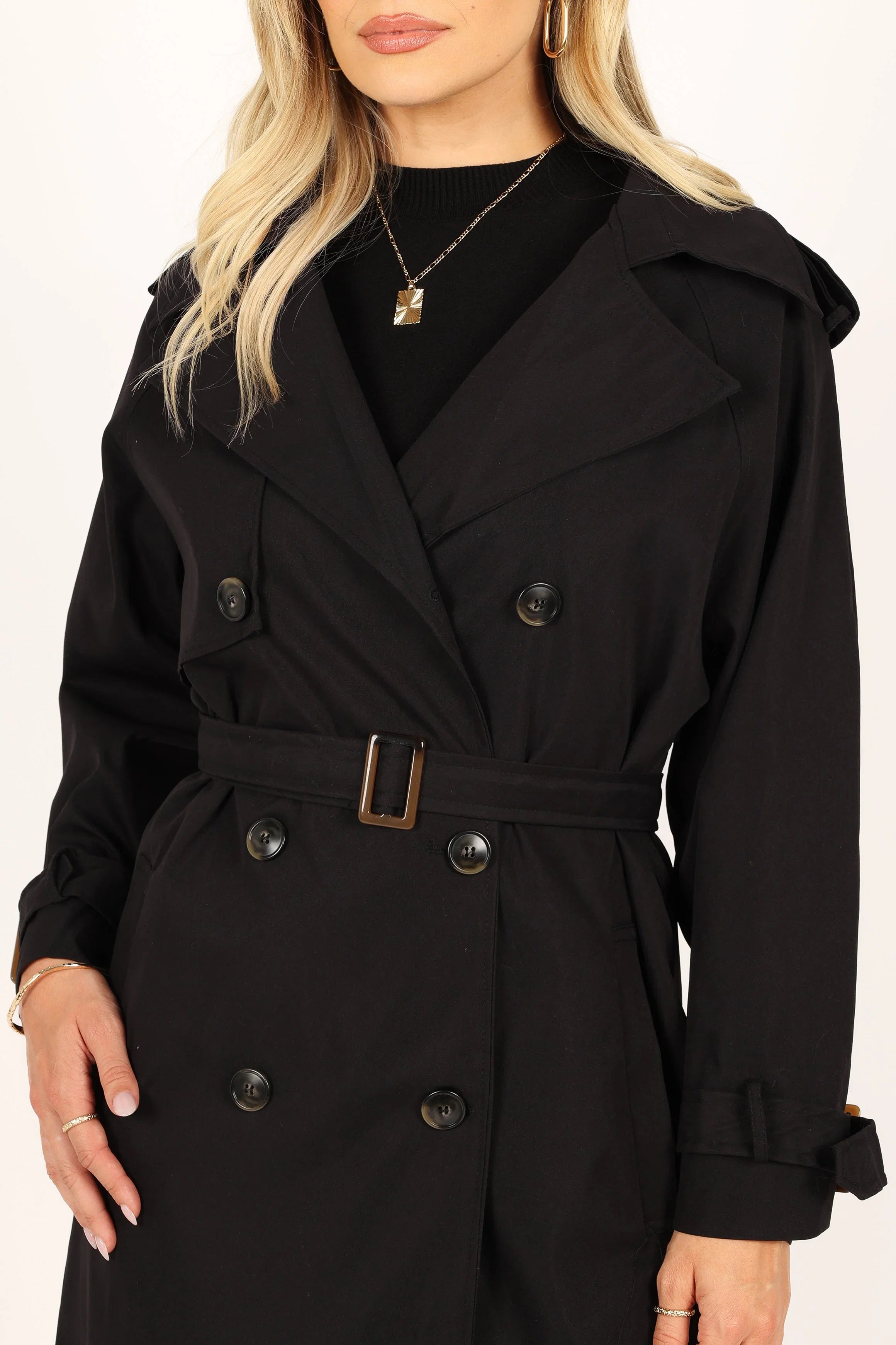 Trina Button Front Trench Coat Black