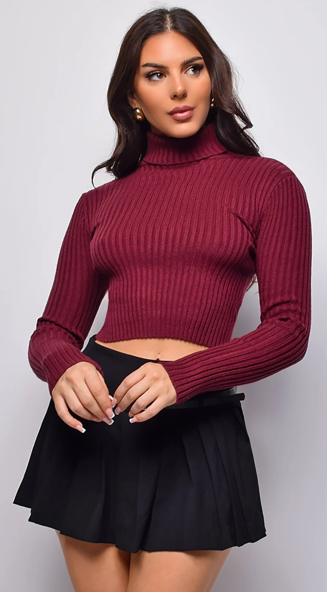 Astraia Basic Turtle Neck Crop Ribbed Sweater Top Burgundy