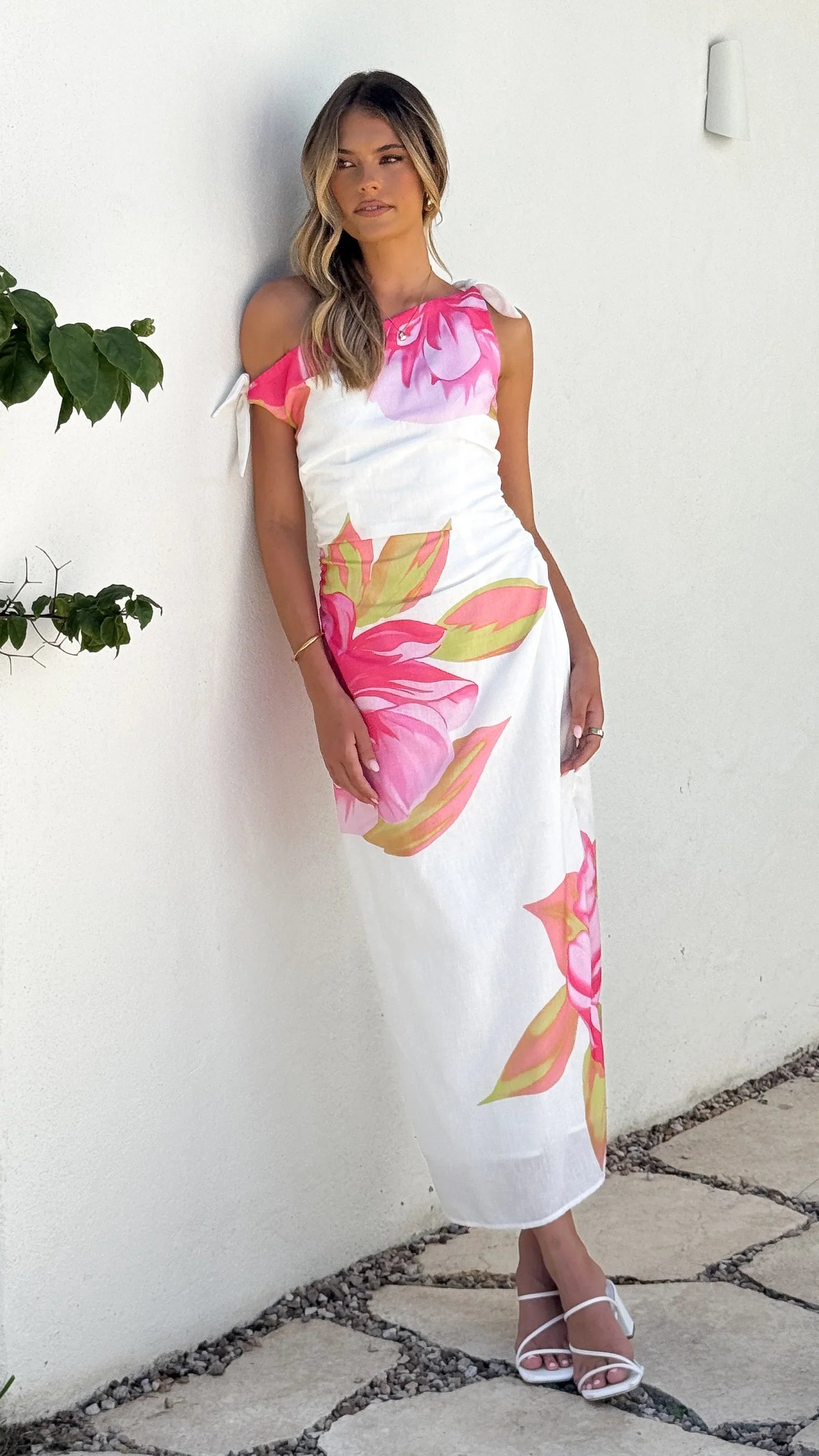 Maisy Shoulder Tie Midi Dress Pink Green