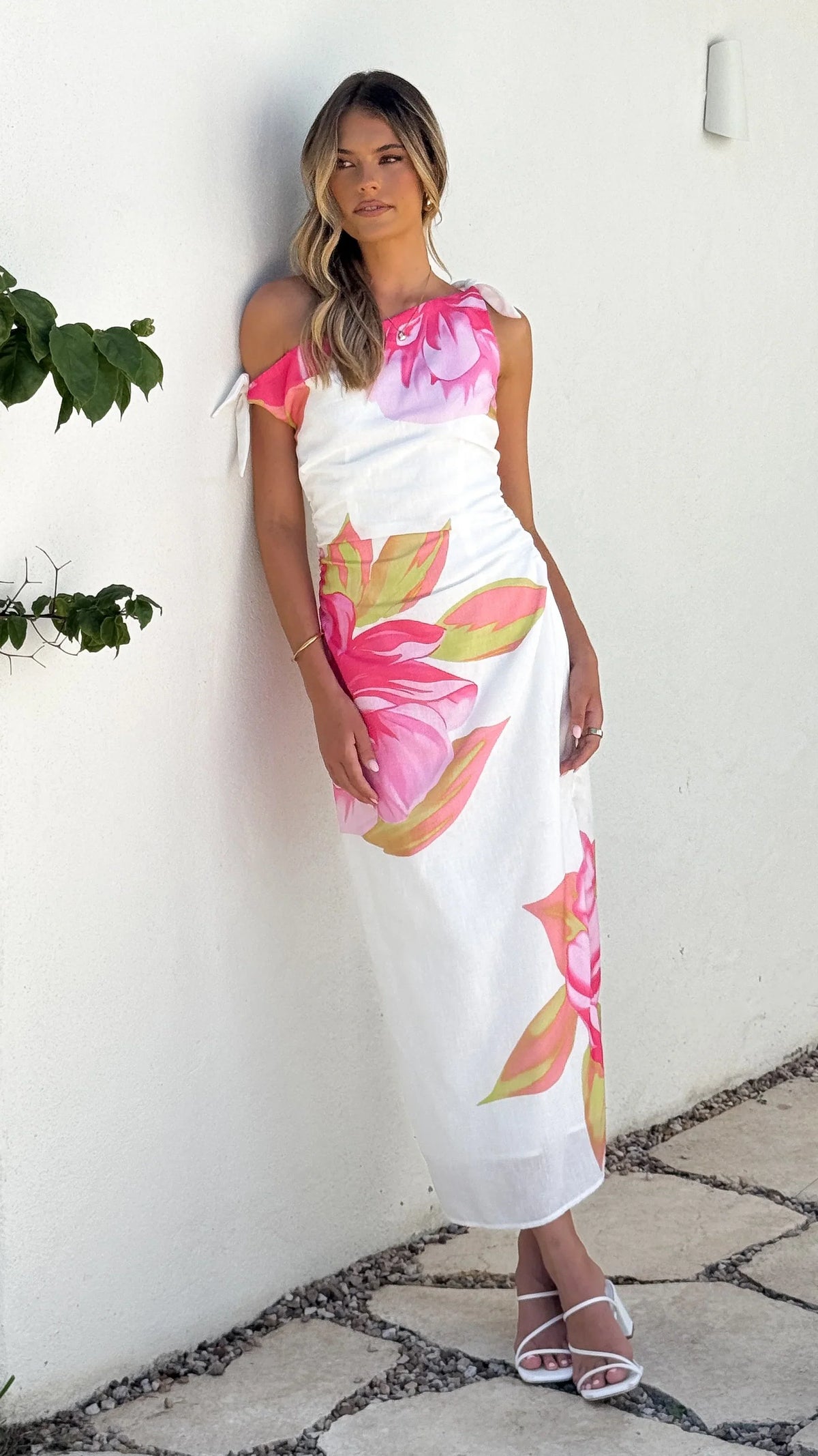 Maisy Shoulder Tie Midi Dress Pink Green