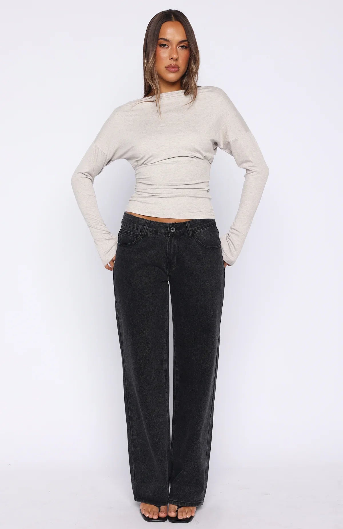 Another Time Cinched Waist Long Sleeve Top Light Grey Marle