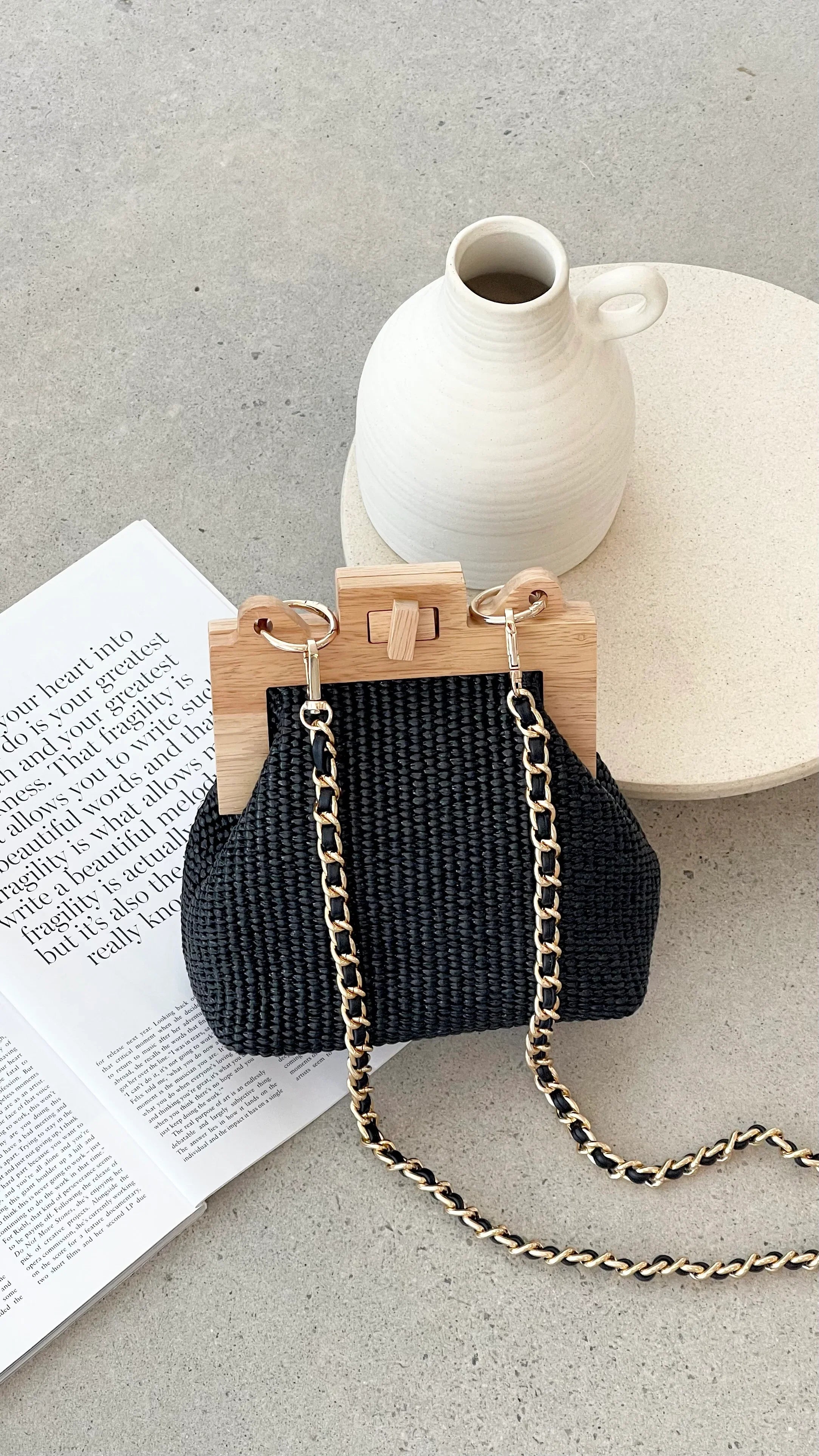 Abby Timber Frame Woven Mini Bag Black