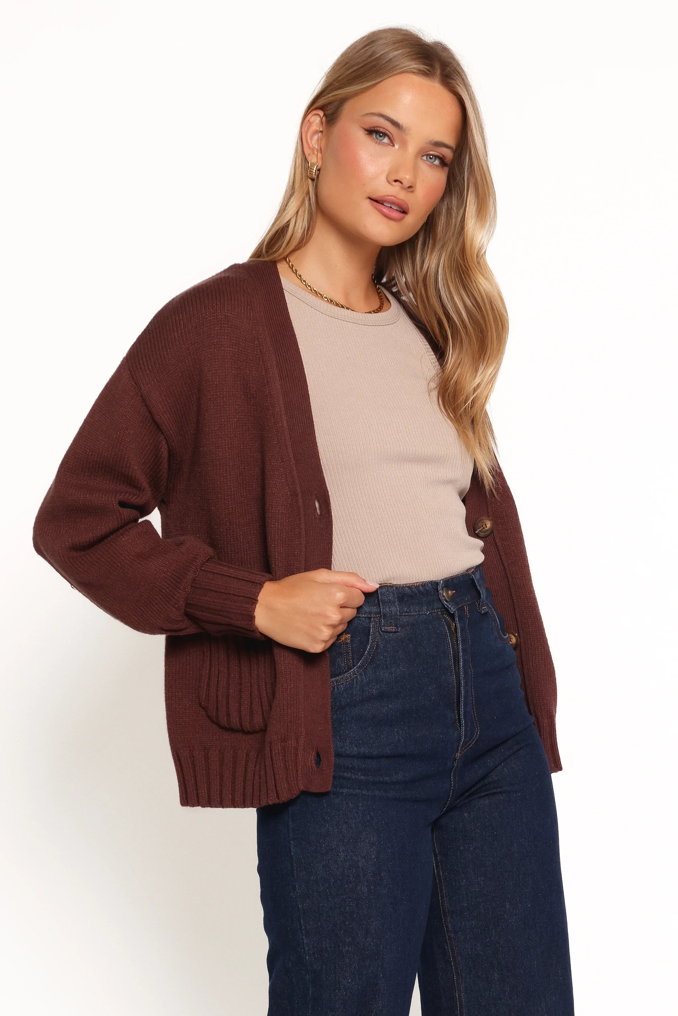 Eden Button Front Cardigan Brown