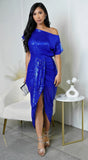 Lya Off Shoulder Draped Sequin Midi Dress Blue