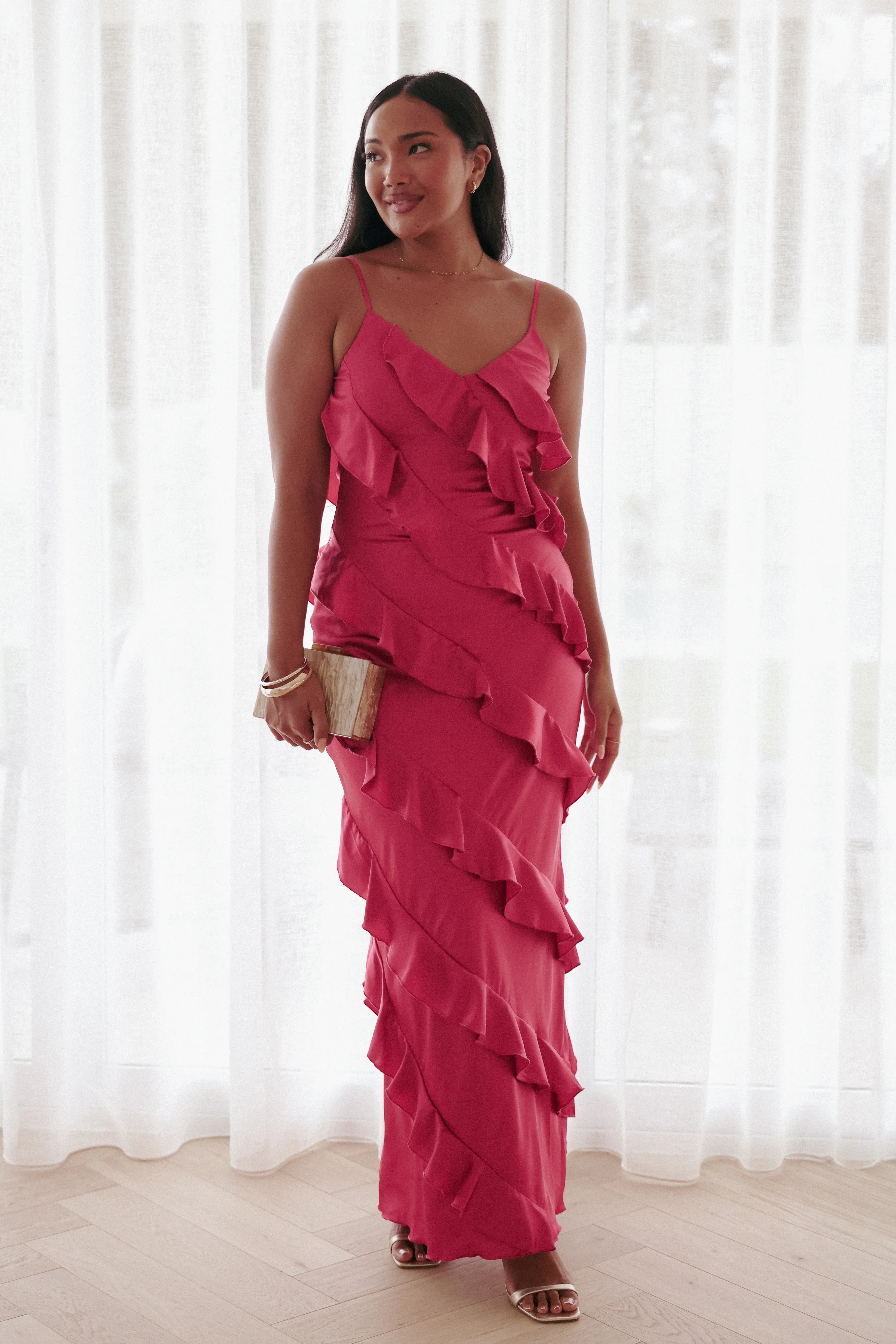 Ciao Ruffles Maxi Satin Dress Fuchsia