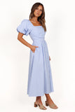 Clo Puff Sleeve Midi Dress Blue Stripe