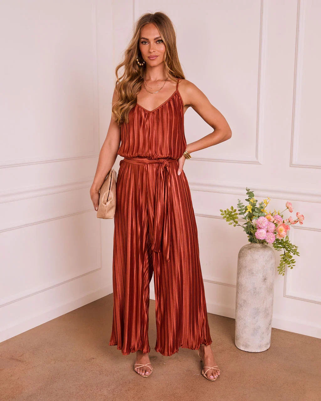 Amabel Satin Plisse Wrap Tie Jumpsuit