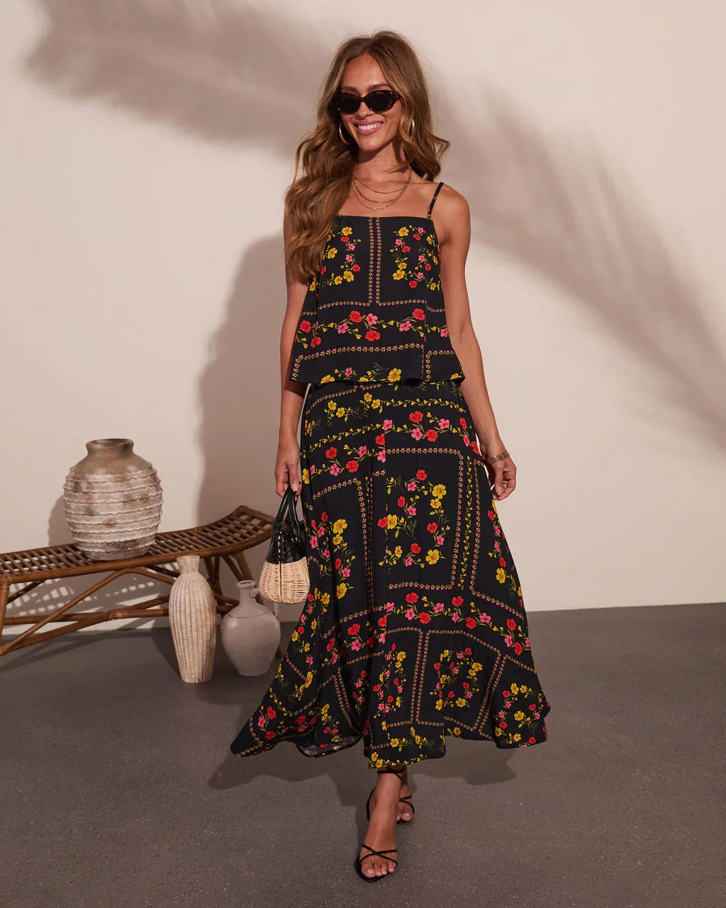 Sunkissed Meadow Floral Print Midi Skirt