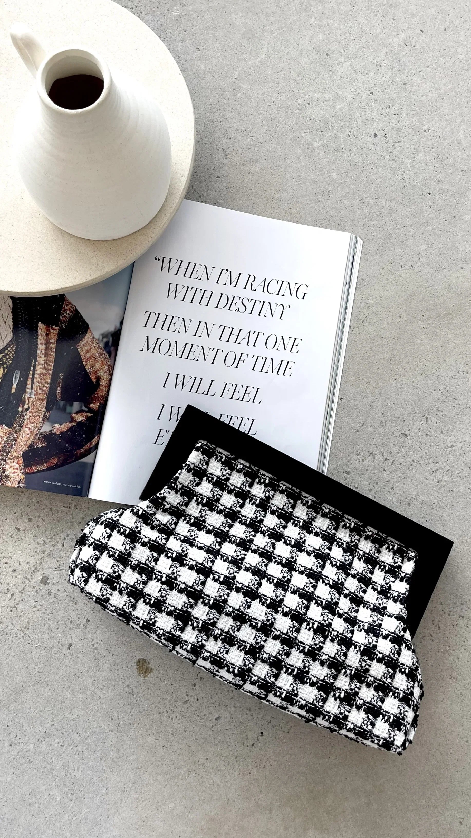 Zoey Boucle Timber Frame Clutch Black White