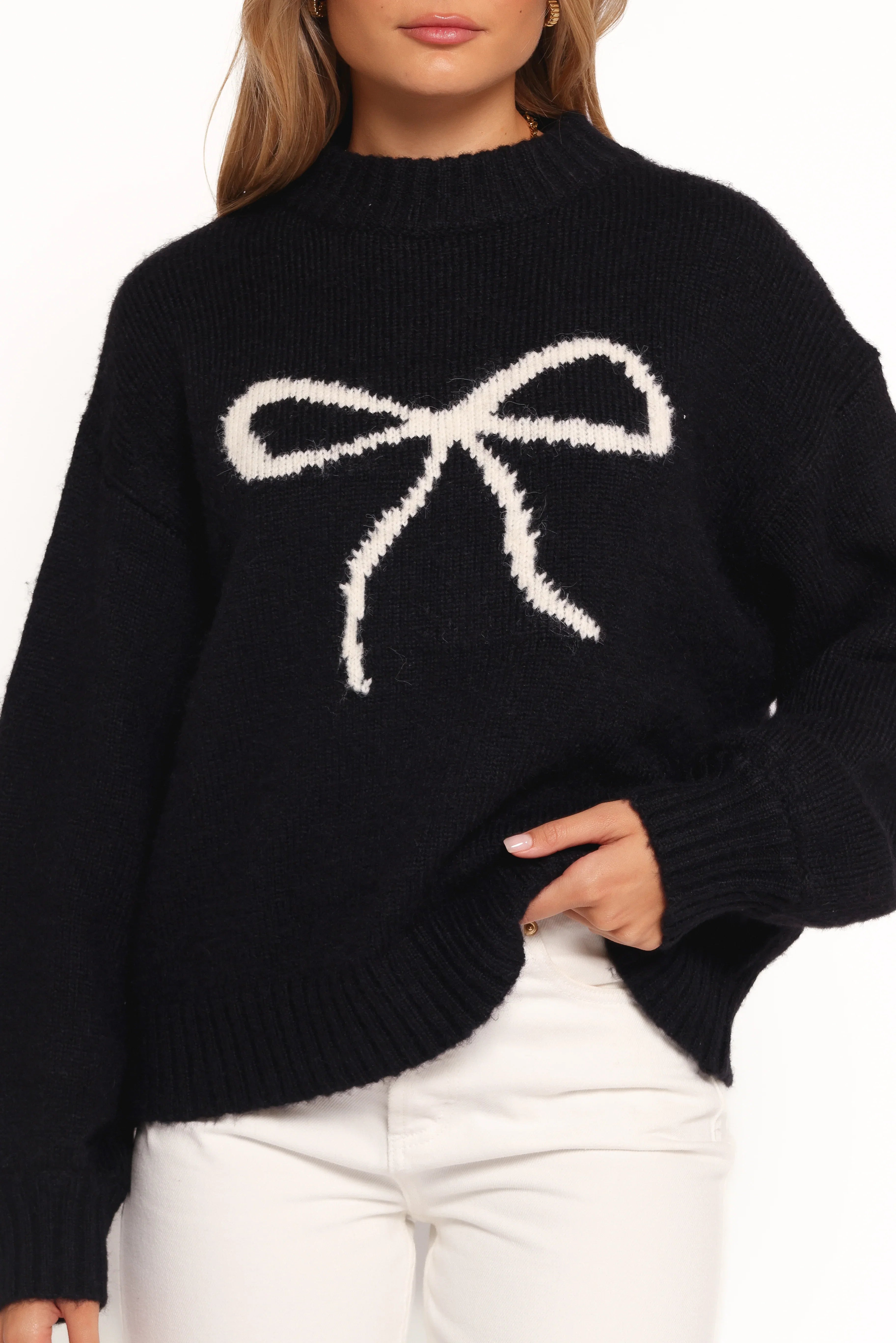 Cecelia Bow Print Mock Neck Knit Sweater Black