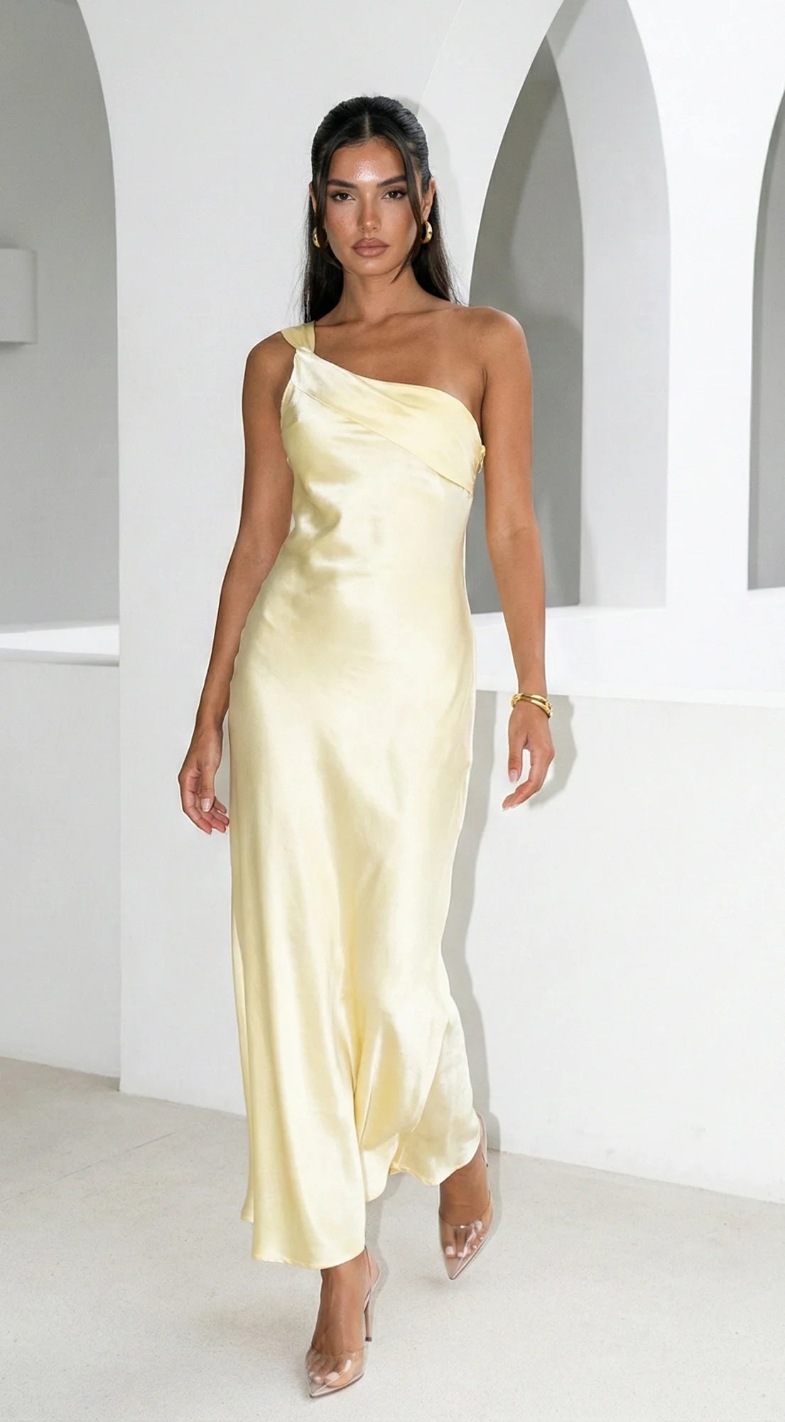 Valencia One Shoulder Satin Maxi Dress Butter Yellow