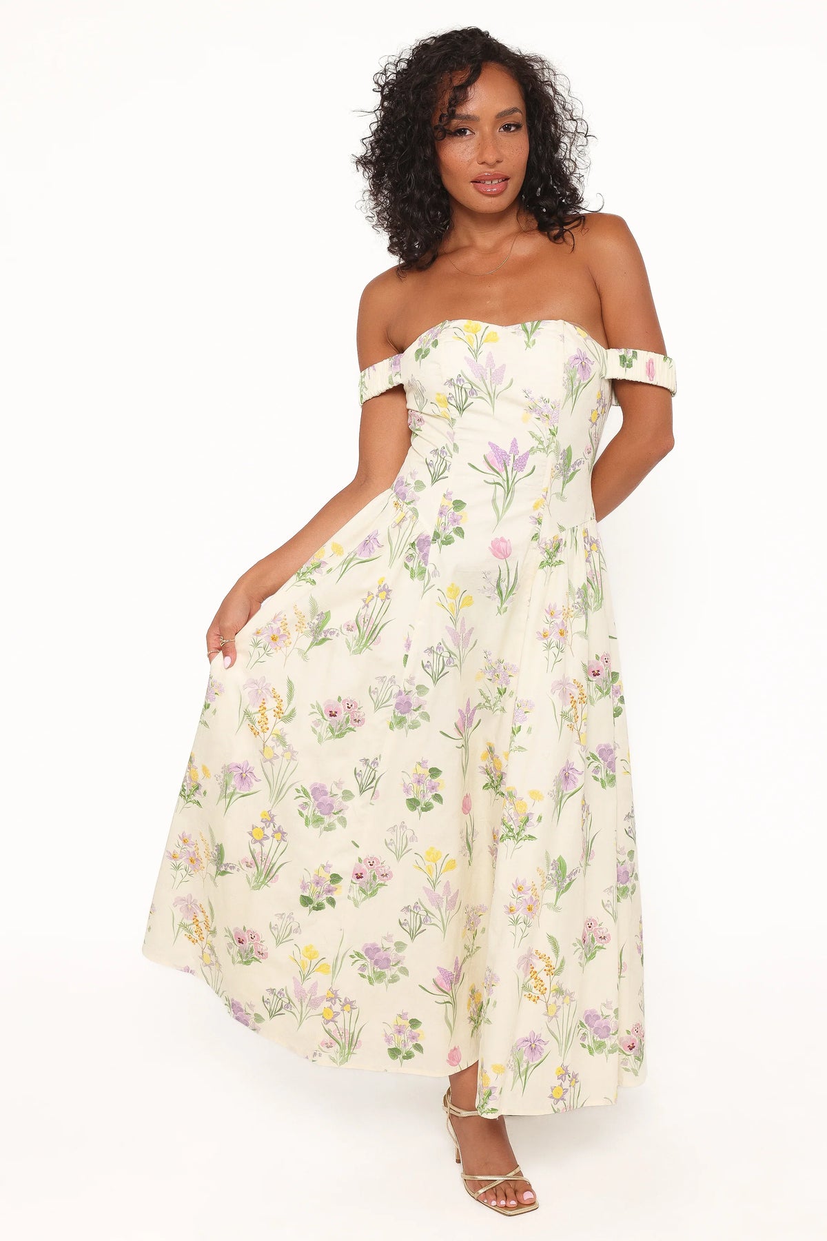Larni Off Shoulder Midi Dress Lavender Multi